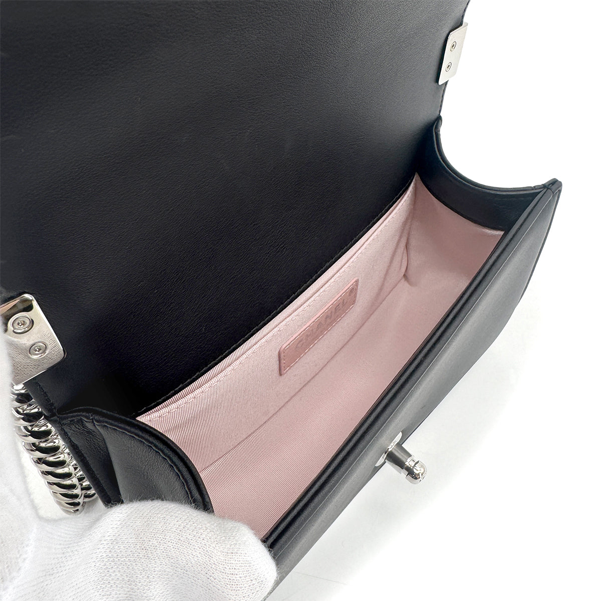 CHANEL PEARL BOYCHANEL SMALL CHAIN SHOULDER BAG BLACK LEATHER 90208965