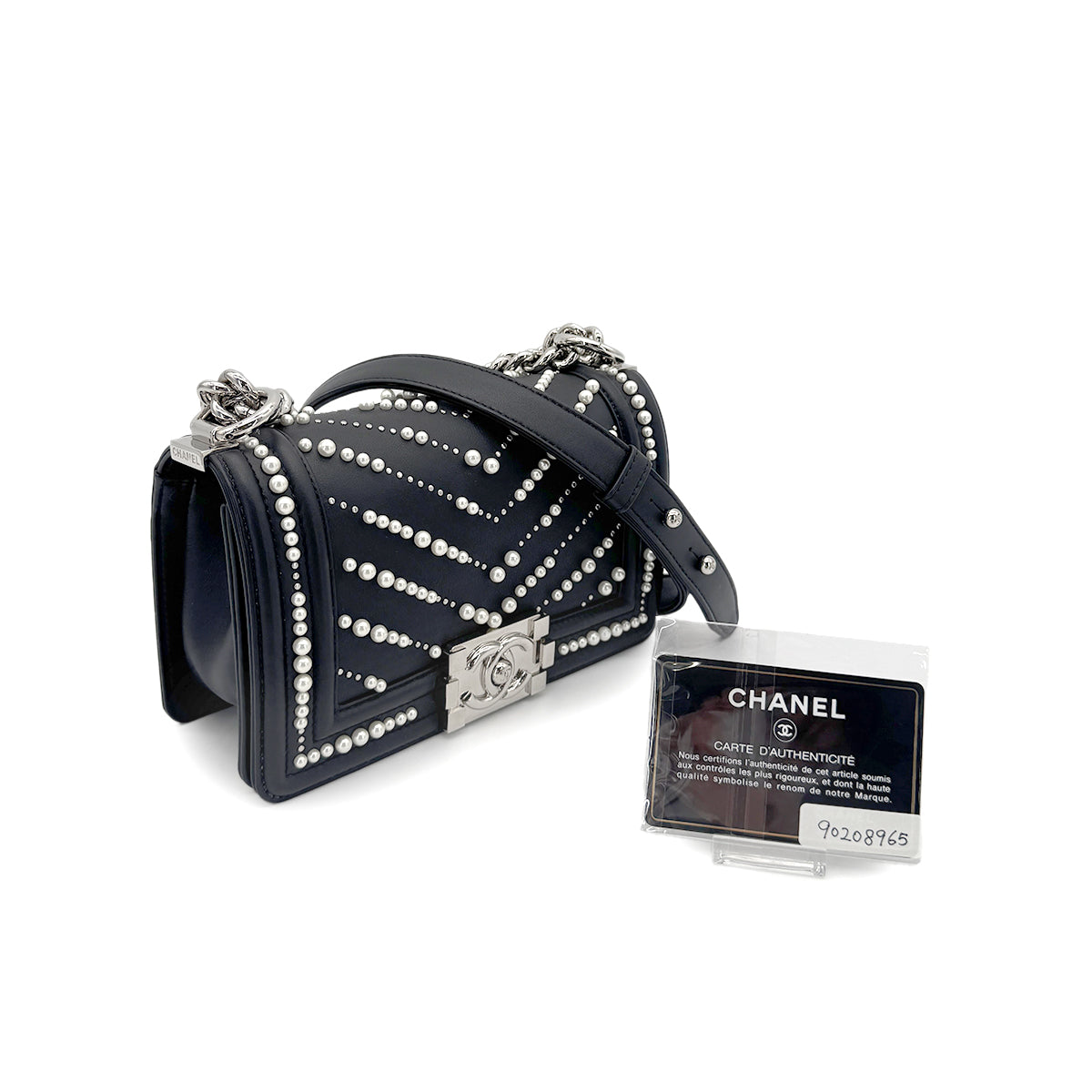 CHANEL PEARL BOYCHANEL SMALL CHAIN SHOULDER BAG BLACK LEATHER 90208965