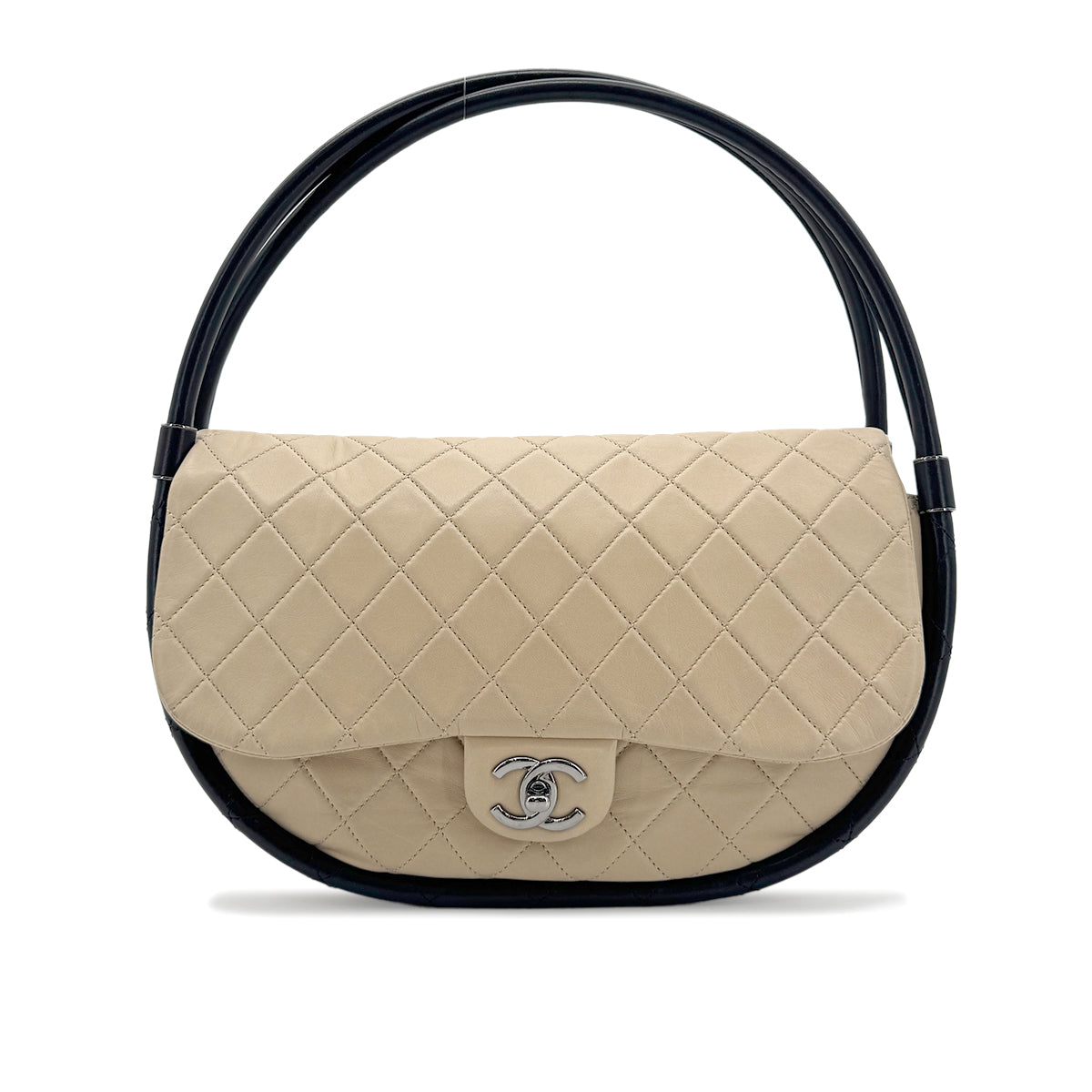 CHANEL HULA HOOP CROSS HAND BAG BEIGE BLACK LAMB SKIN 90208969 - PURPOSE