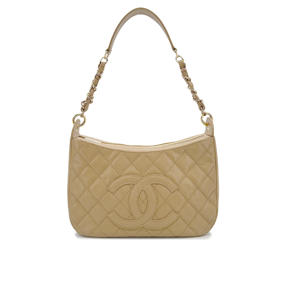 CHANEL VINTAGE HALF MOON ONE SHOULDER BAG BEIGE CAVIAR SKIN 90212859