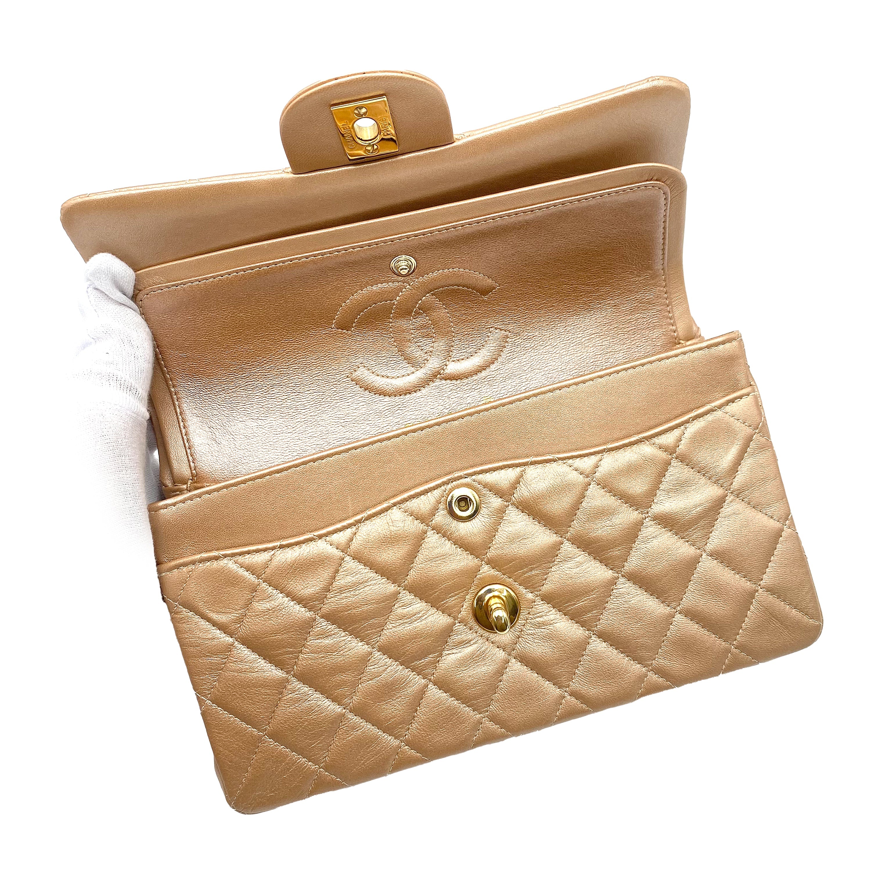 CHANEL VINTAGE CLASSIC FLAP SMALL CHAIN SHOULDER BAG CHAMPAGNE PINKGOLD LAMB SKIN 90227577