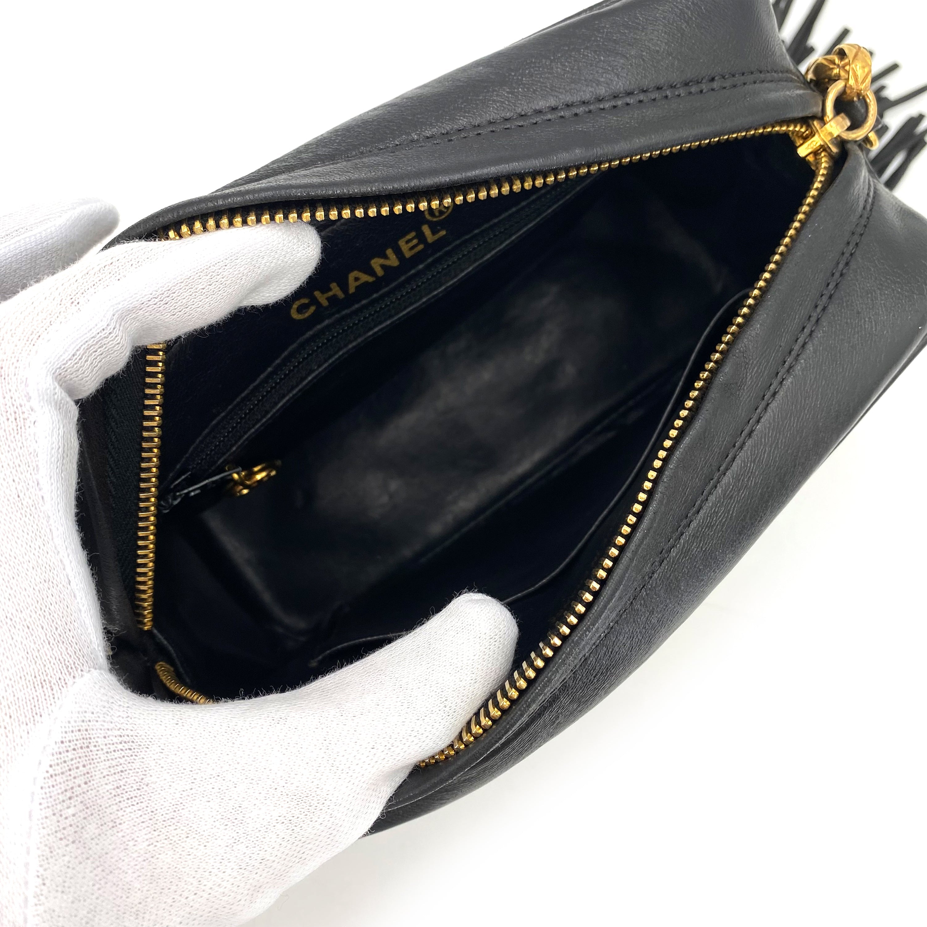 CHANEL VINTAGE MATELASSE FRINGE BIJOU CHAIN SHOULDER BAG BLACK LAMB SKIN 90239307