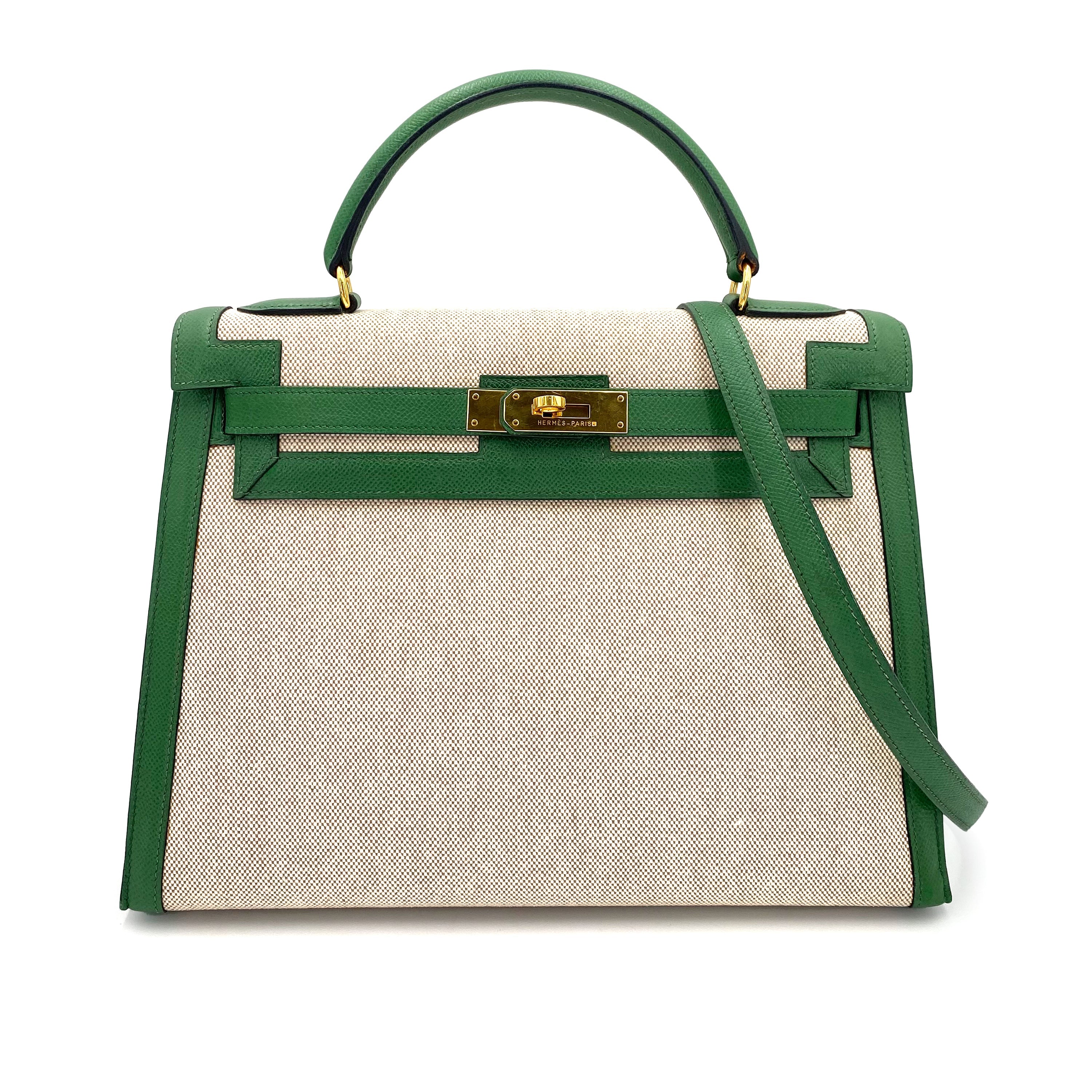 HERMES KELLY 32 SELLIER GREEN COUCHVEL TOILE H HAND SHOULDER BAG 〇X 90239777 - PURPOSE