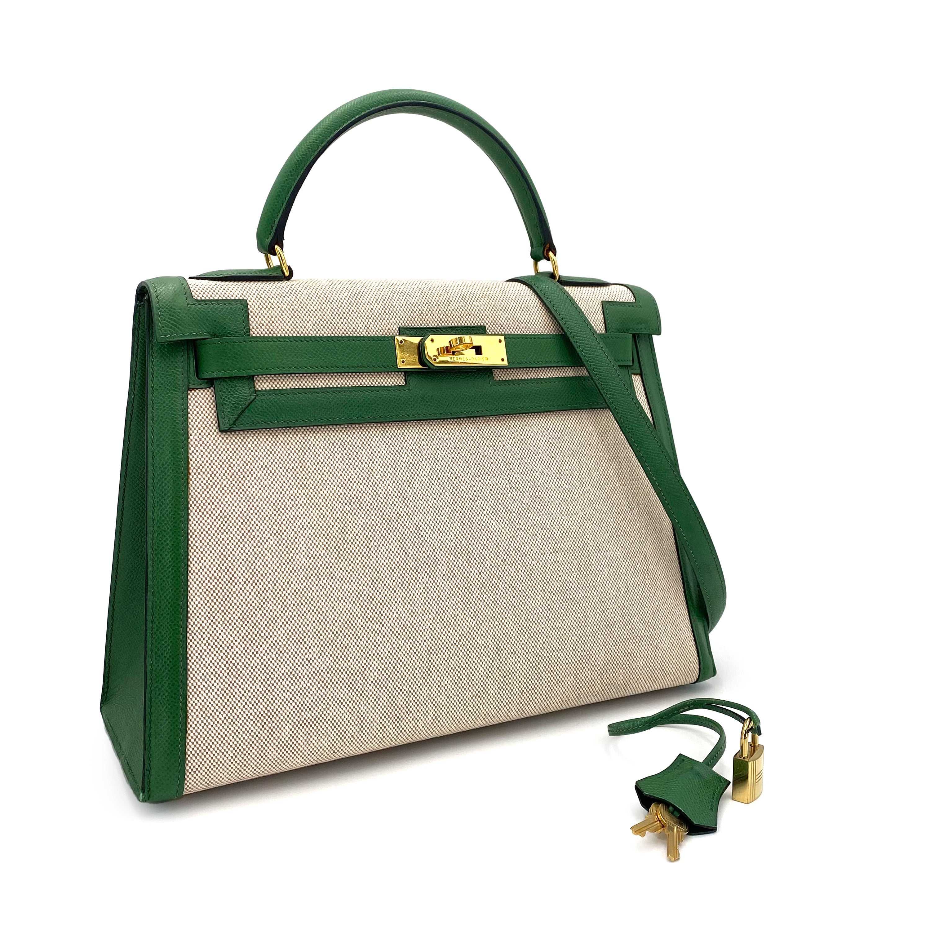 HERMES KELLY 32 SELLIER GREEN COUCHVEL TOILE H HAND SHOULDER BAG 〇X 90239777 - PURPOSE