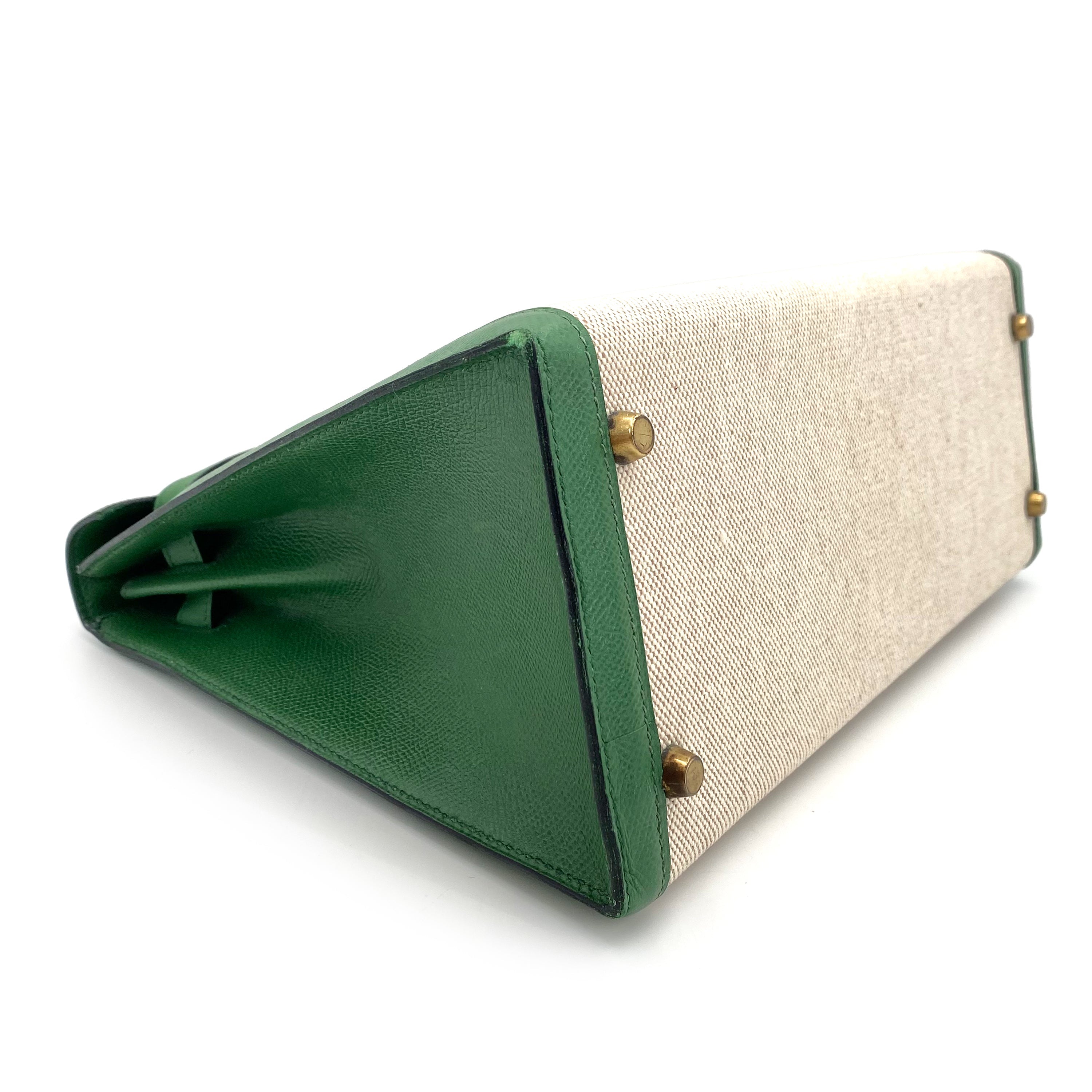 HERMES KELLY 32 SELLIER GREEN COUCHVEL TOILE H HAND SHOULDER BAG 〇X 90239777 - PURPOSE