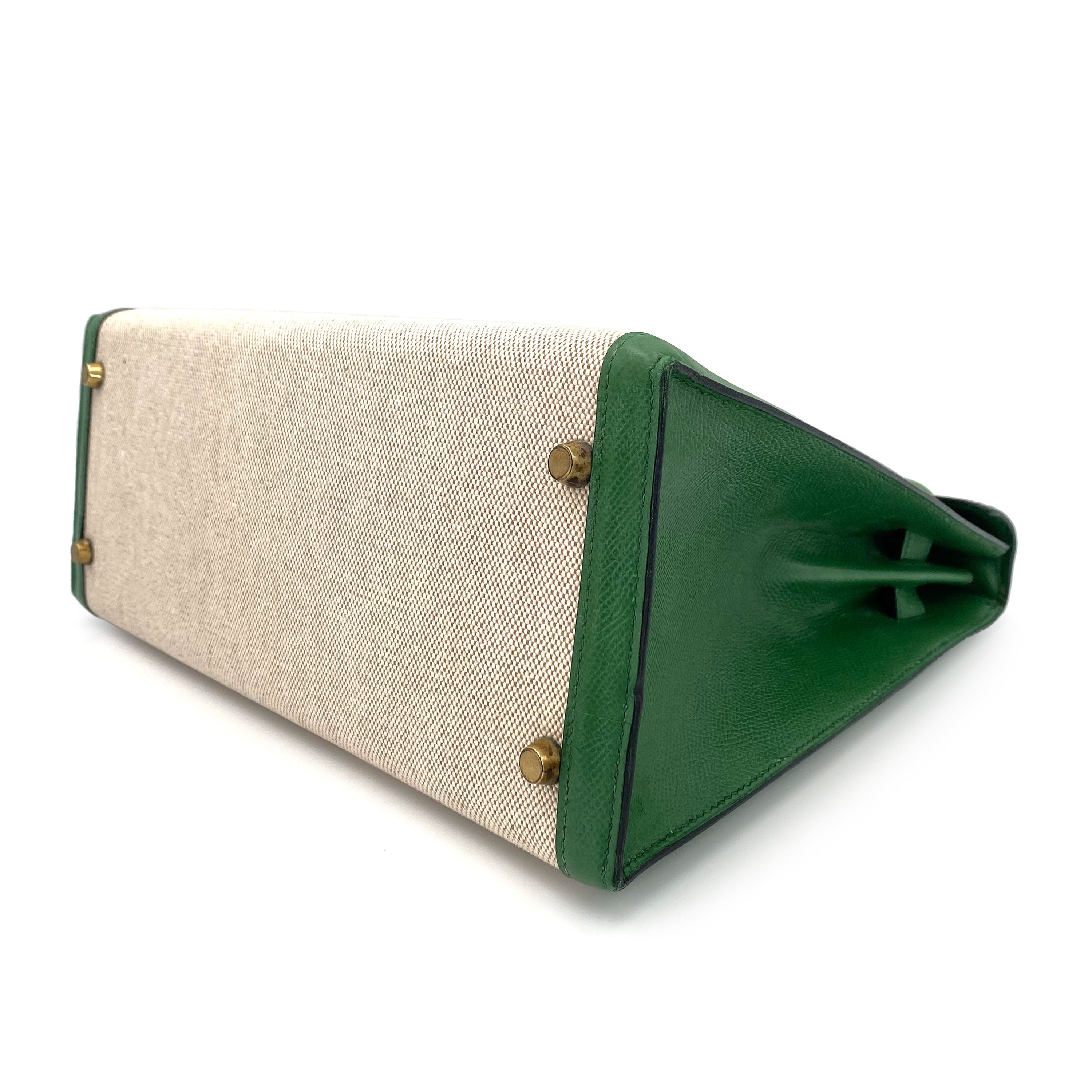 HERMES KELLY 32 SELLIER GREEN COUCHVEL TOILE H HAND SHOULDER BAG 〇X 90239777 - PURPOSE