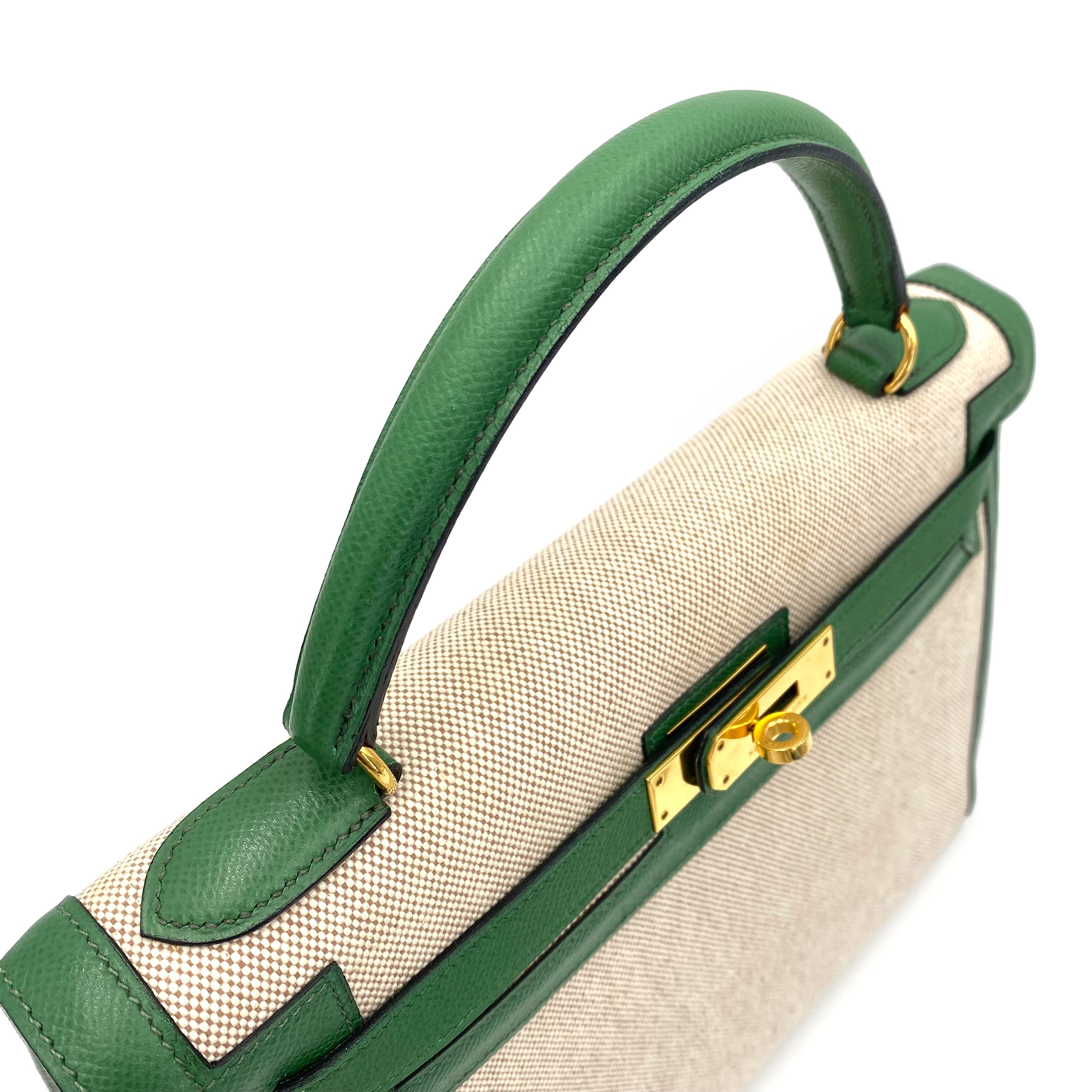 HERMES KELLY 32 SELLIER GREEN COUCHVEL TOILE H HAND SHOULDER BAG 〇X 90239777 - PURPOSE