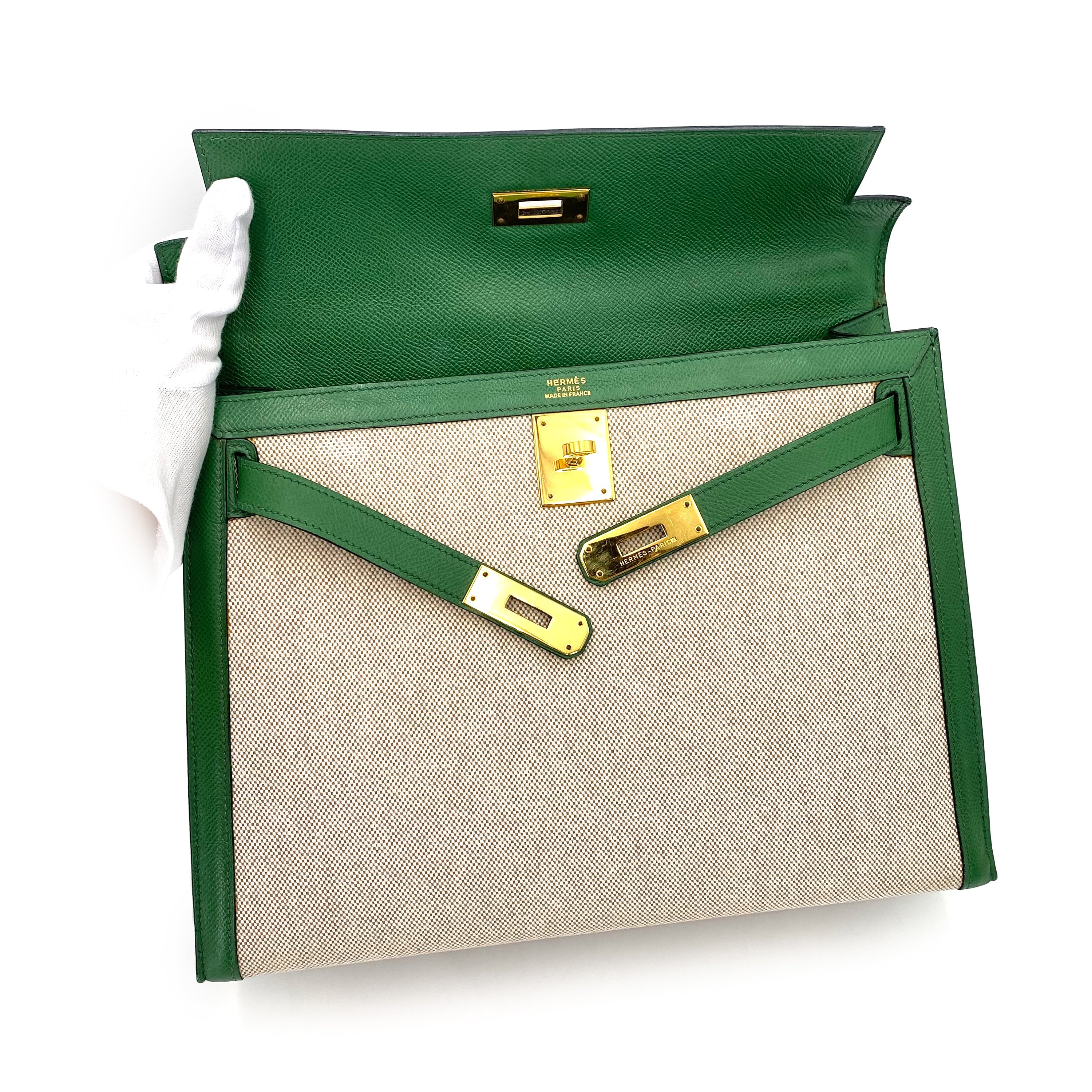 HERMES KELLY 32 SELLIER GREEN COUCHVEL TOILE H HAND SHOULDER BAG 〇X 90239777 - PURPOSE