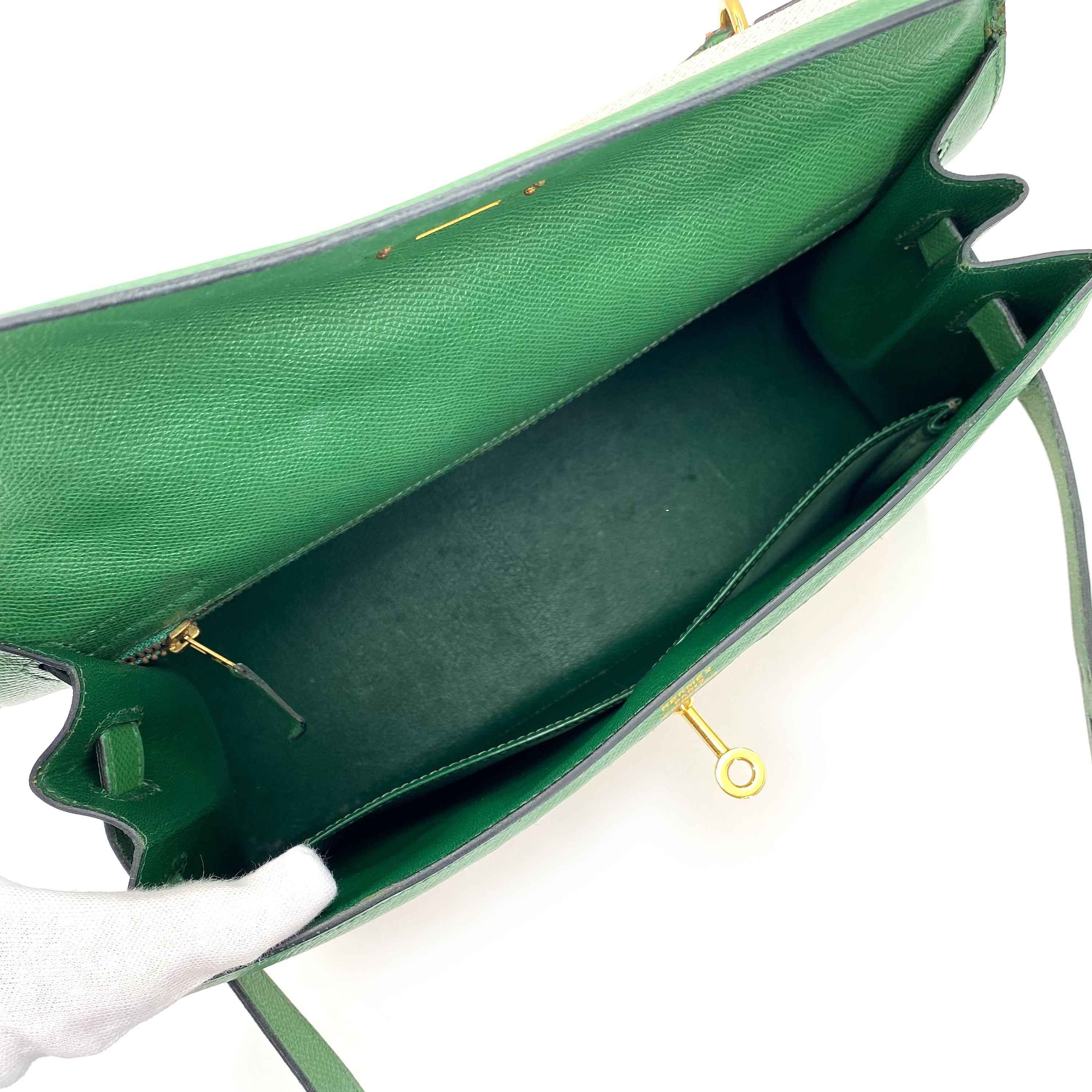 HERMES KELLY 32 SELLIER GREEN COUCHVEL TOILE H HAND SHOULDER BAG 〇X 90239777 - PURPOSE
