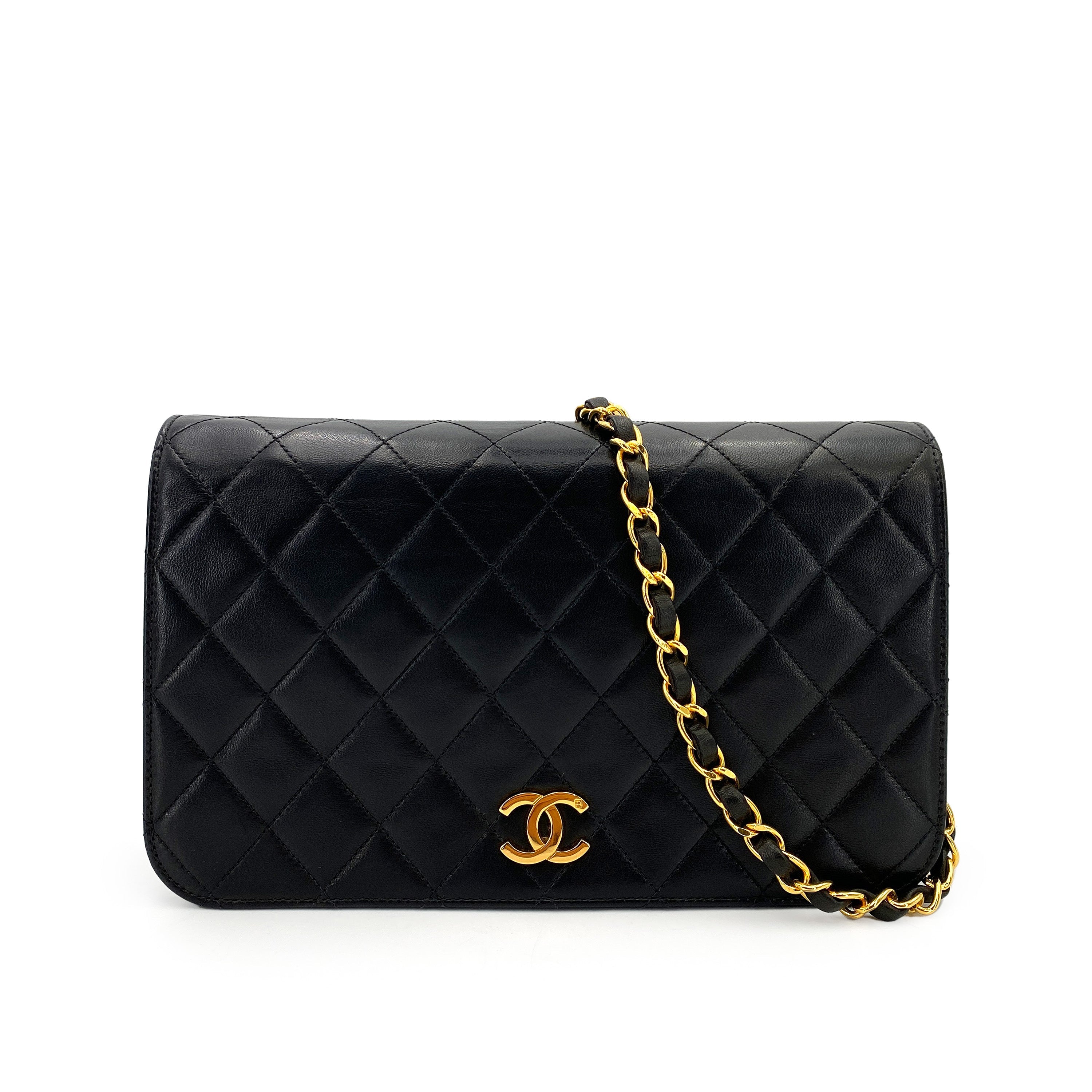 CHANEL VINTAGE FULL FLAP PUSH LOCK CHAIN SHOULDER BAG BLACK LAMB SKIN 90244692