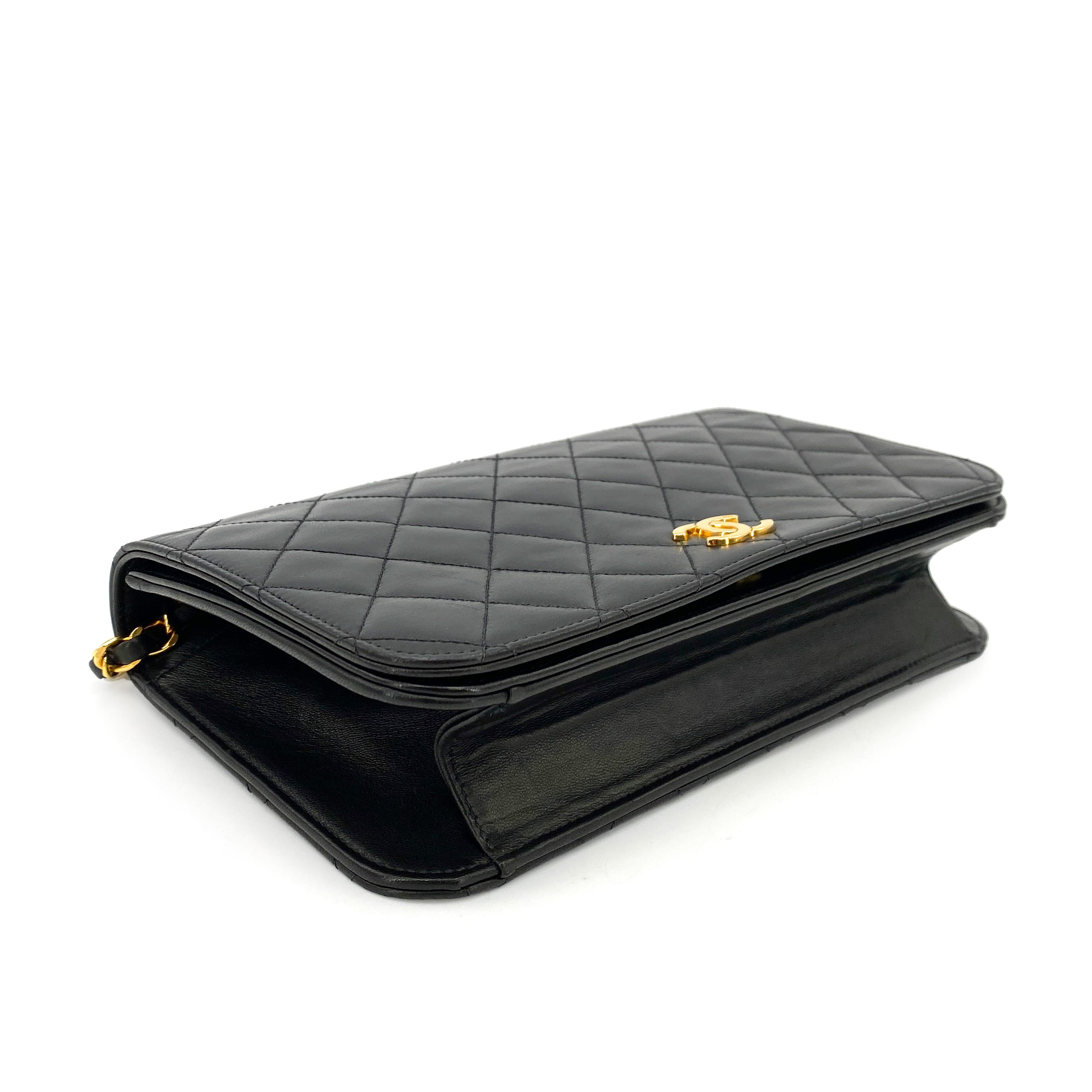 CHANEL VINTAGE FULL FLAP PUSH LOCK CHAIN SHOULDER BAG BLACK LAMB SKIN 90244692