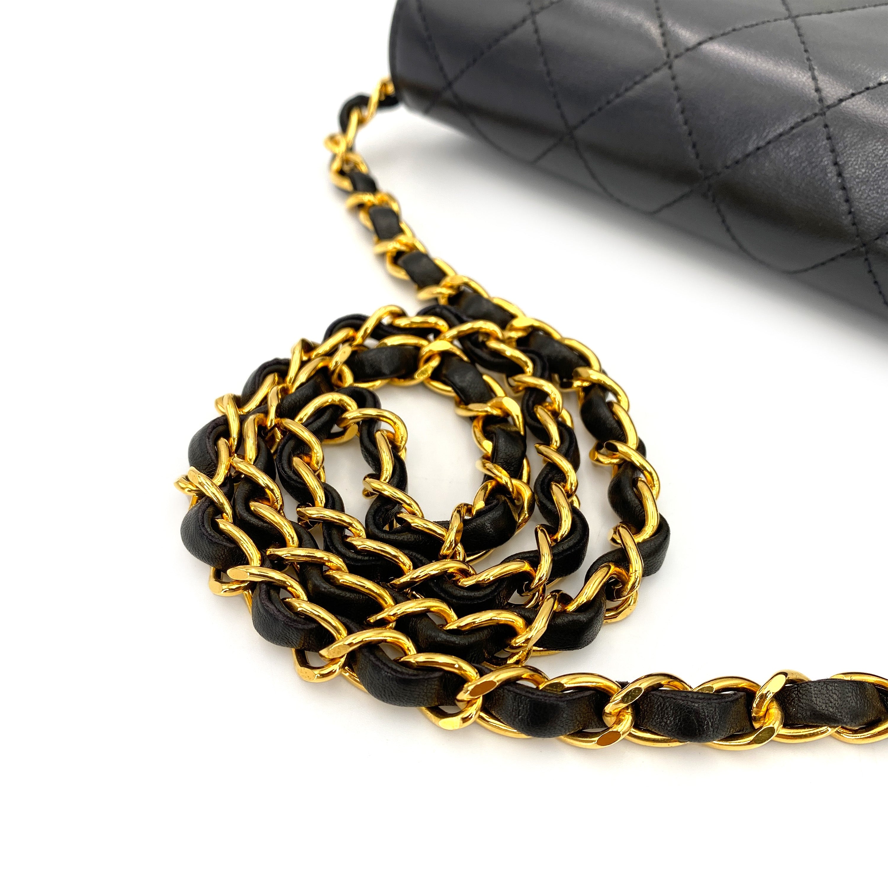 CHANEL VINTAGE FULL FLAP PUSH LOCK CHAIN SHOULDER BAG BLACK LAMB SKIN 90244692