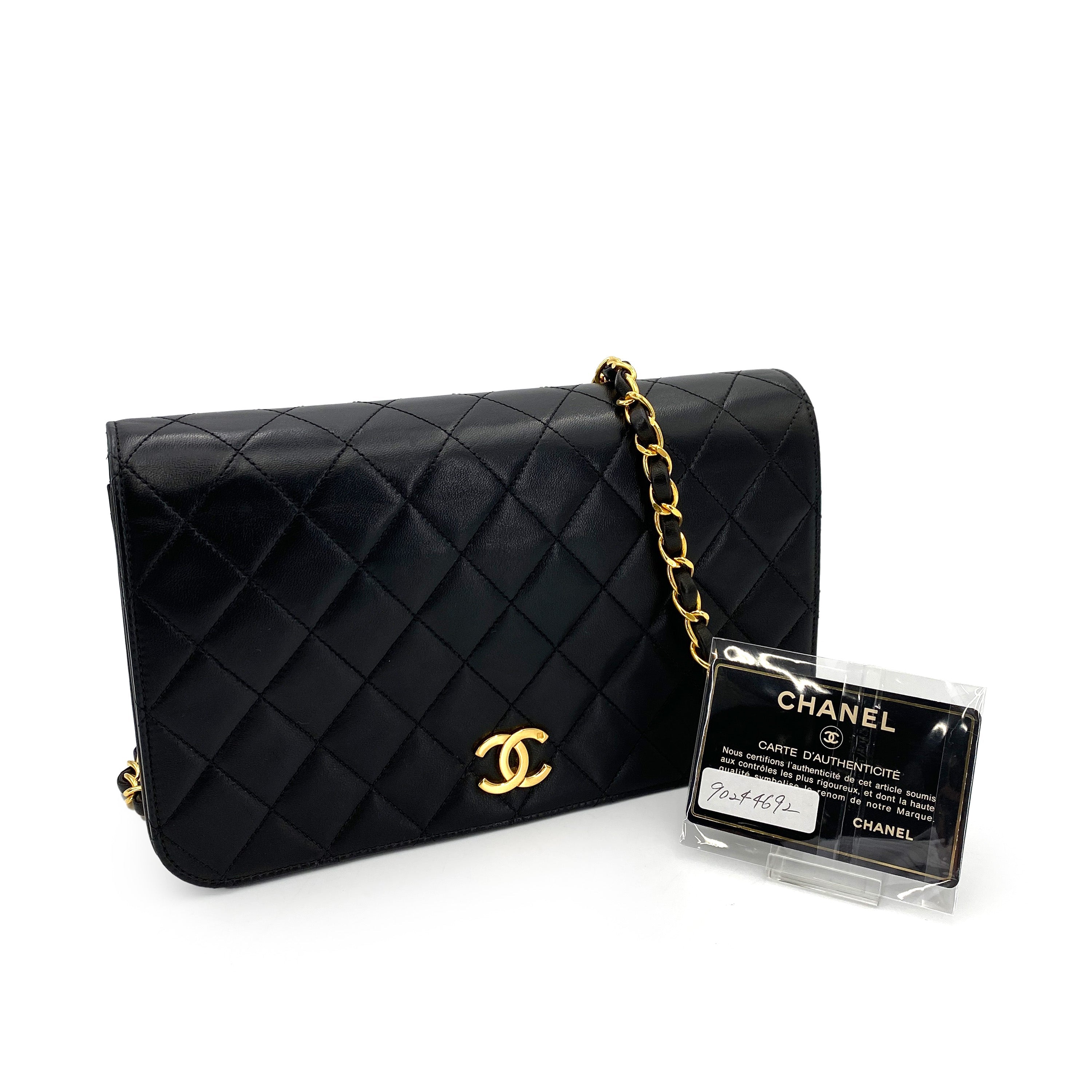 CHANEL VINTAGE FULL FLAP PUSH LOCK CHAIN SHOULDER BAG BLACK LAMB SKIN 90244692