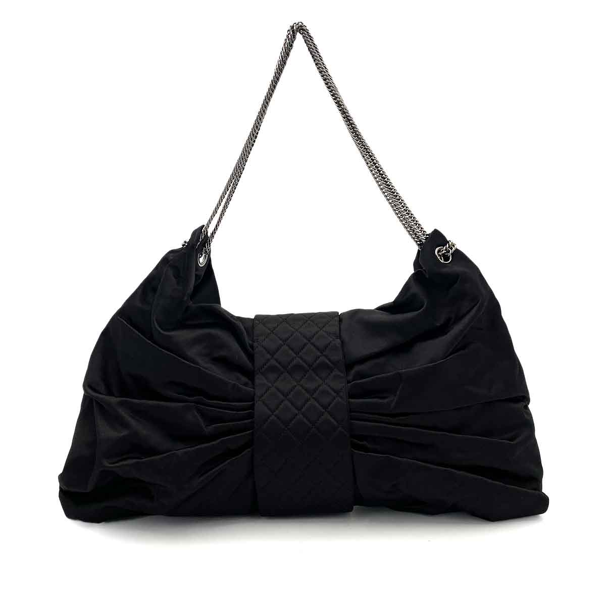 CHANEL VINTAGE RIBBON CHAIN SHOULDER BAG BLACK NYLON SHW 90245043