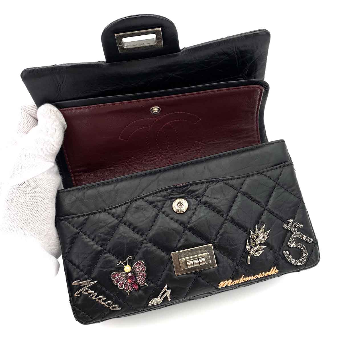 CHANEL VINTAGE 2.55 LUCKY CHARM CHAIN SHOULDER BAG BLACK CALF SKIN SHW 90245051