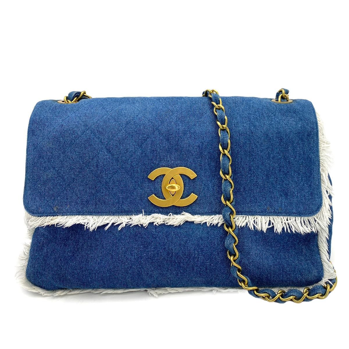 CHANEL VINTAGE MAXI MATELASSE 34 CHAIN SHOULDER BAG BLUE DENIM 90245553