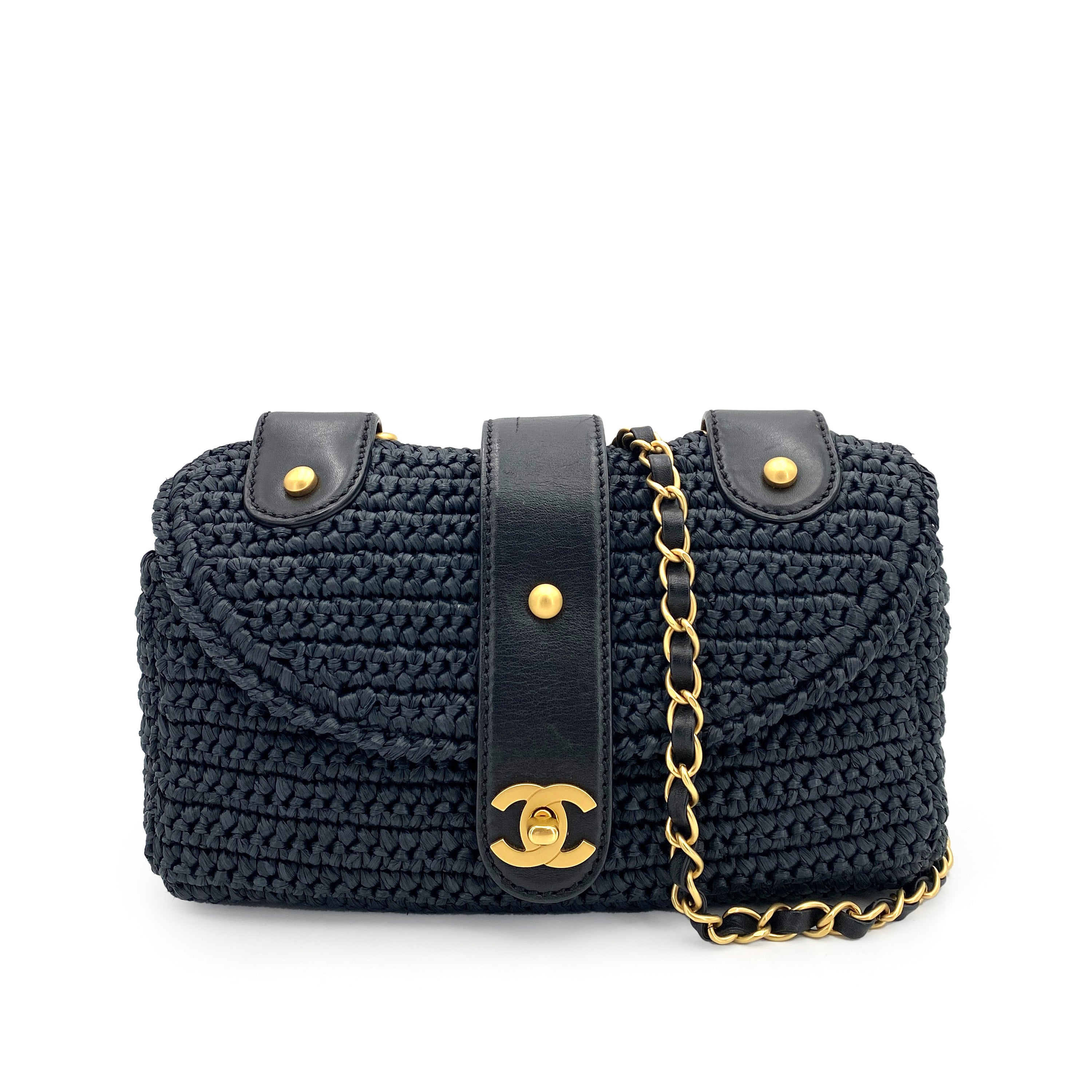 CHANEL VINTAGE CHAIN SHOULDER BAG NAVY RAFFIA 90247136