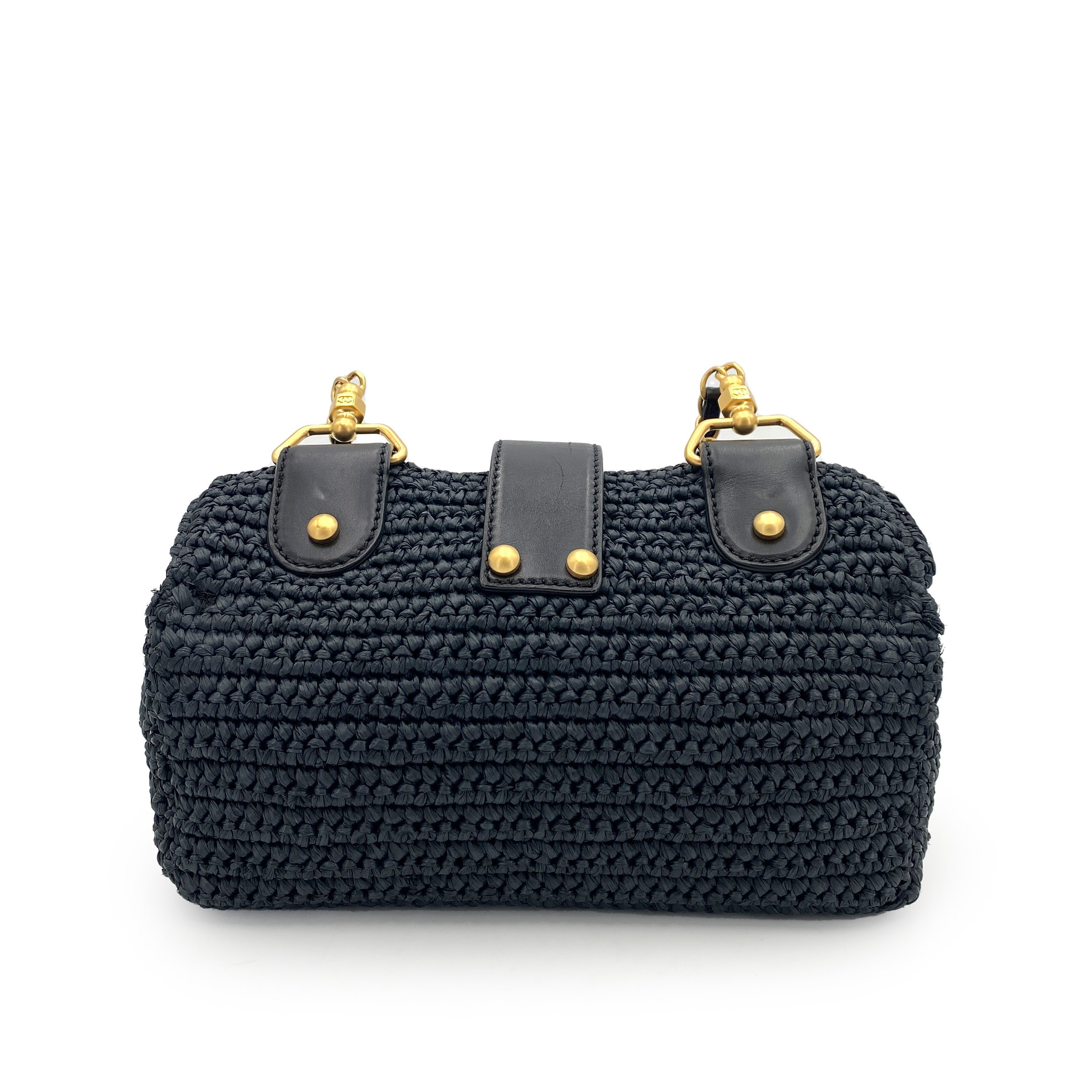 CHANEL VINTAGE CHAIN SHOULDER BAG NAVY RAFFIA 90247136