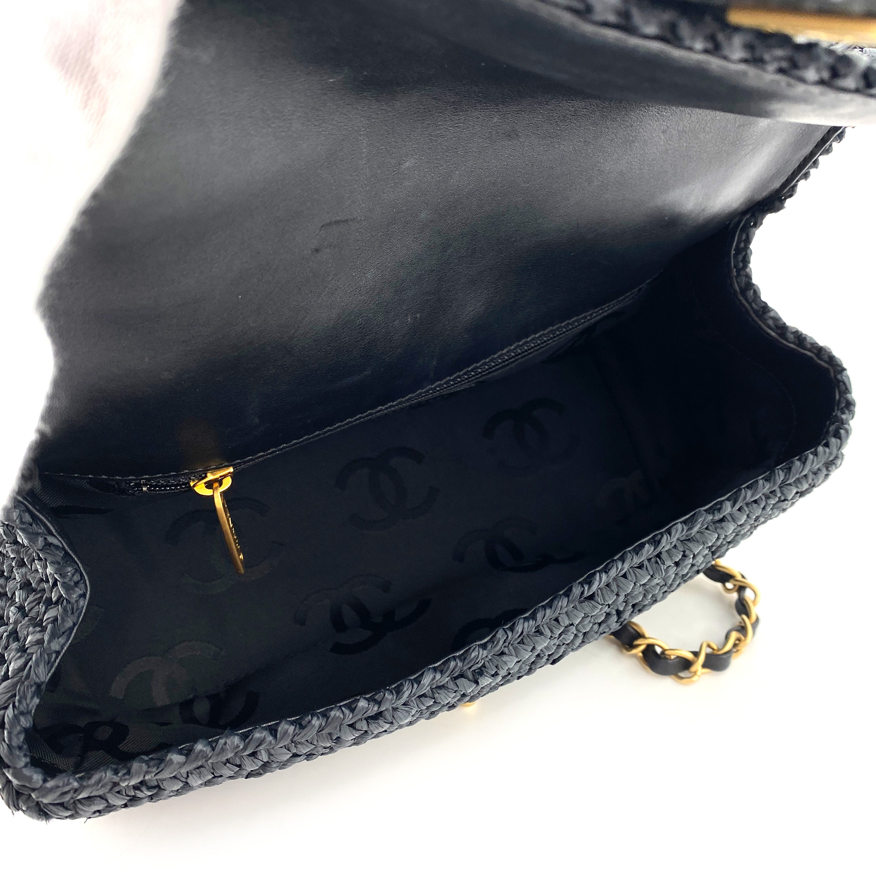 CHANEL VINTAGE CHAIN SHOULDER BAG NAVY RAFFIA 90247136