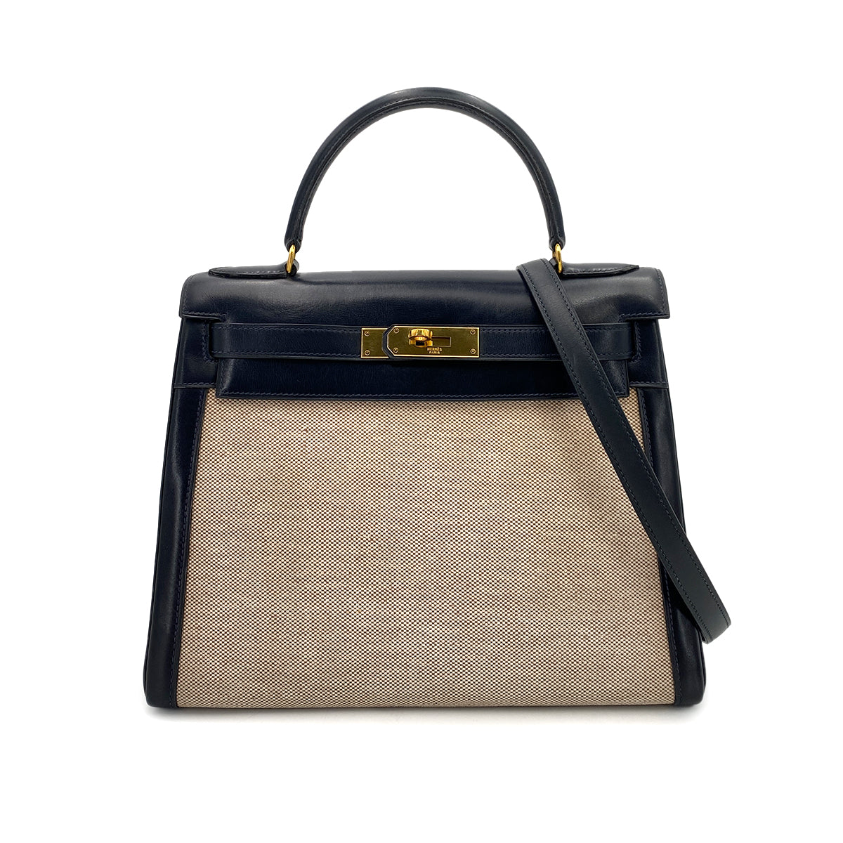 HERMES KELLY 28 SELLIER NAVY BOX CALF TOILE H HAND SHOULDER BAG 〇C 90249821
