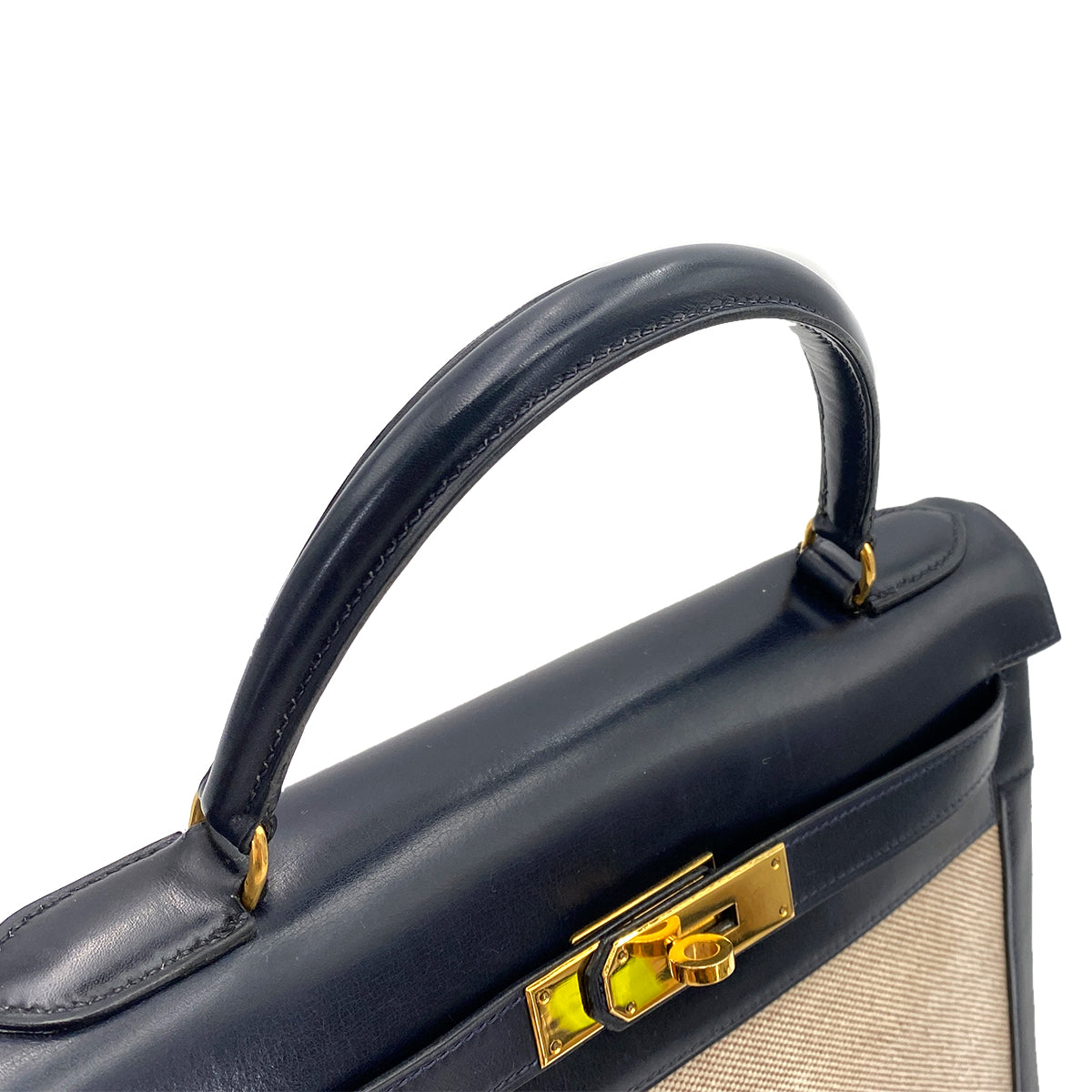 HERMES KELLY 28 SELLIER NAVY BOX CALF TOILE H HAND SHOULDER BAG 〇C 90249821