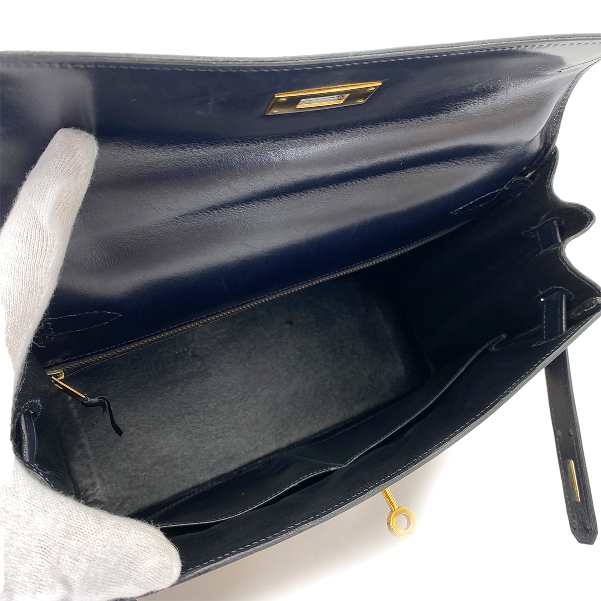 HERMES KELLY 28 SELLIER NAVY BOX CALF TOILE H HAND SHOULDER BAG 〇C 90249821