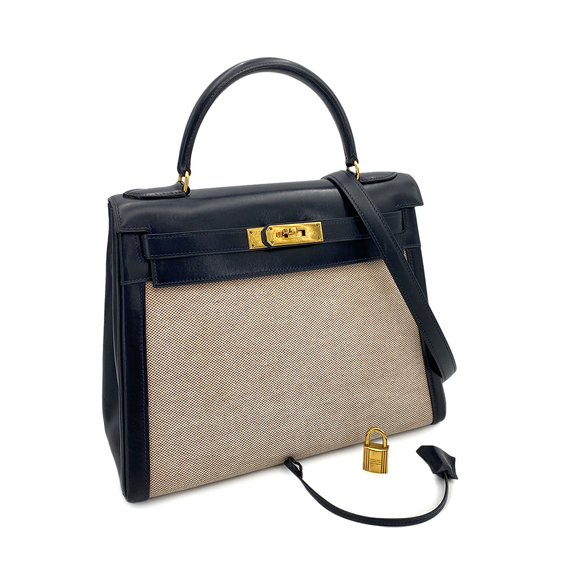 HERMES KELLY 28 SELLIER NAVY BOX CALF TOILE H HAND SHOULDER BAG 〇C 90249821