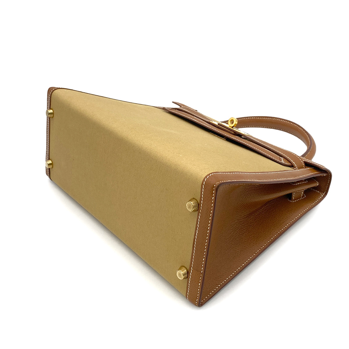 HERMES KELLY 28 GOLD COUCHVEL TOILE HAND SHOULDER BAG 〇Y GHW 90252001