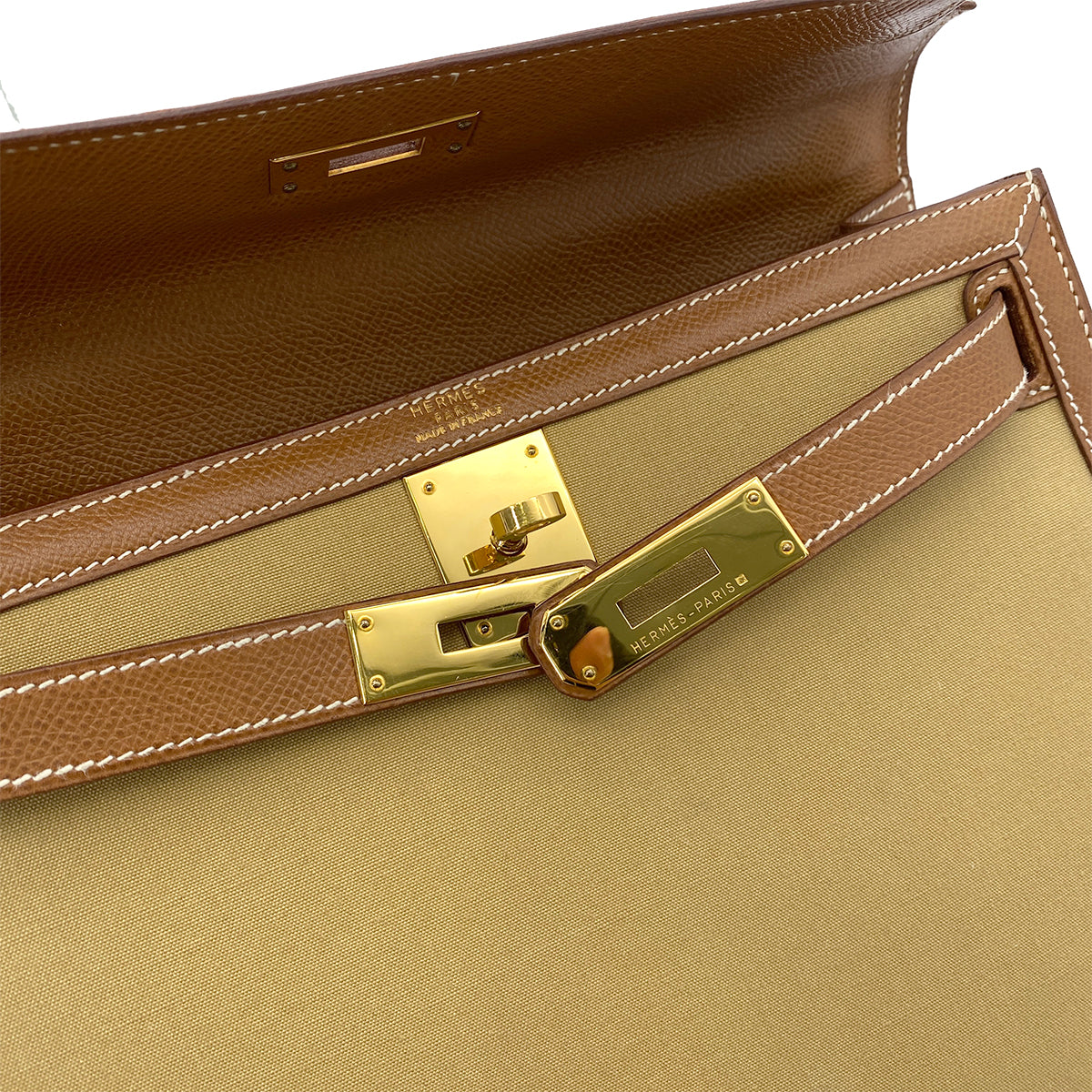 HERMES KELLY 28 GOLD COUCHVEL TOILE HAND SHOULDER BAG 〇Y GHW 90252001