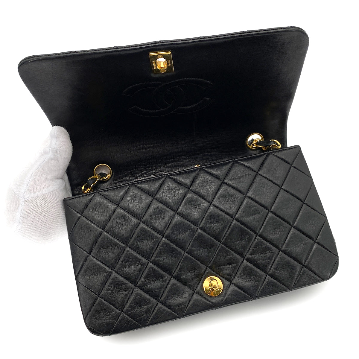 CHANEL VINTAGE FULL FLAP CHAIN SHOULDER BAG BLACK LAMB SKIN 90253629