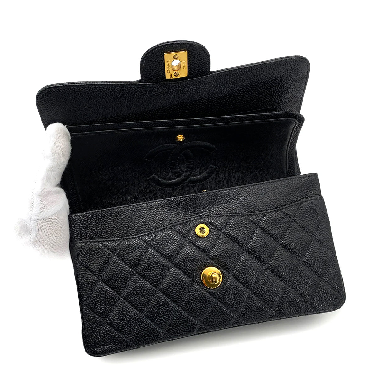 CHANEL VINTAGE CLASSIC FLAP SMALL CHAIN SHOULDER BAG BLACK CAVIAR SKIN 90257455