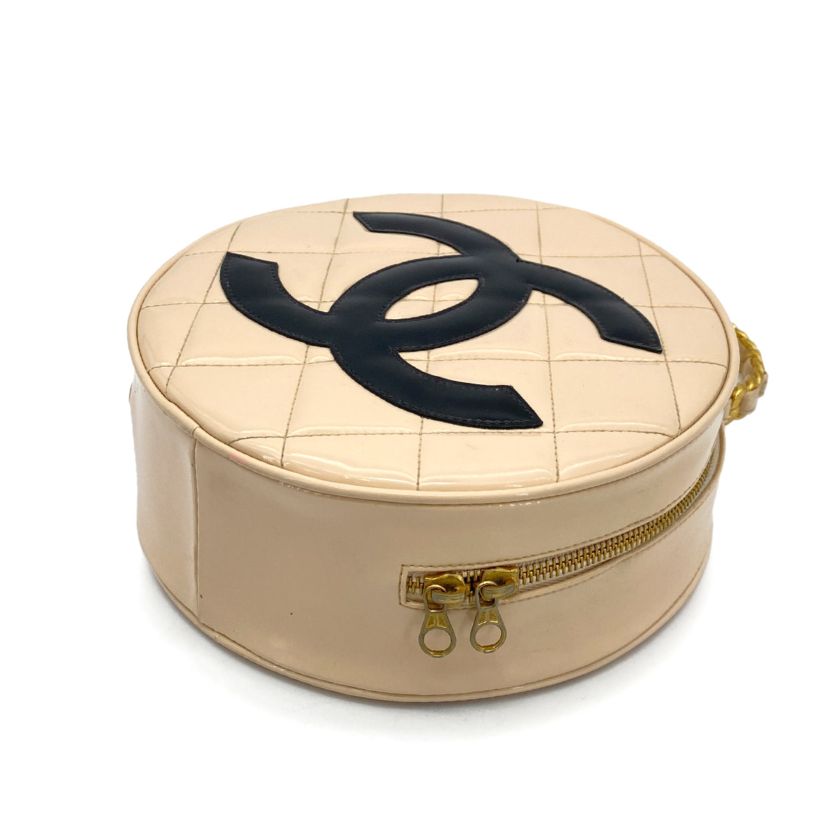 CHANEL VINTAGE ROUND VANITY HAND BAG BEIGE ENAMEL 90257628