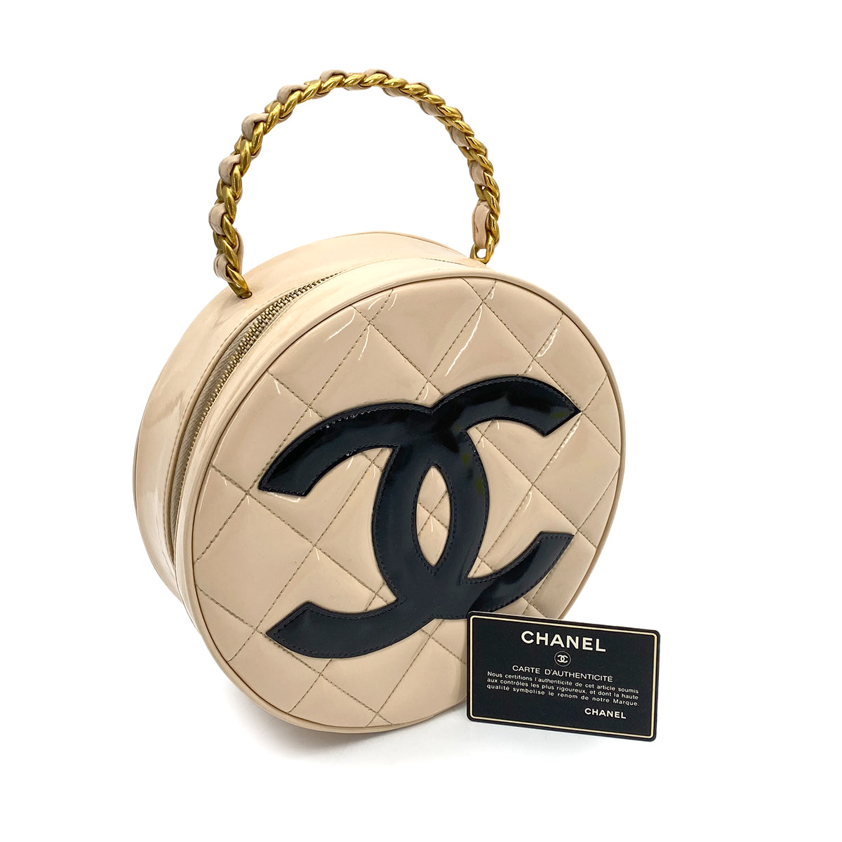 CHANEL VINTAGE ROUND VANITY HAND BAG BEIGE ENAMEL 90257628