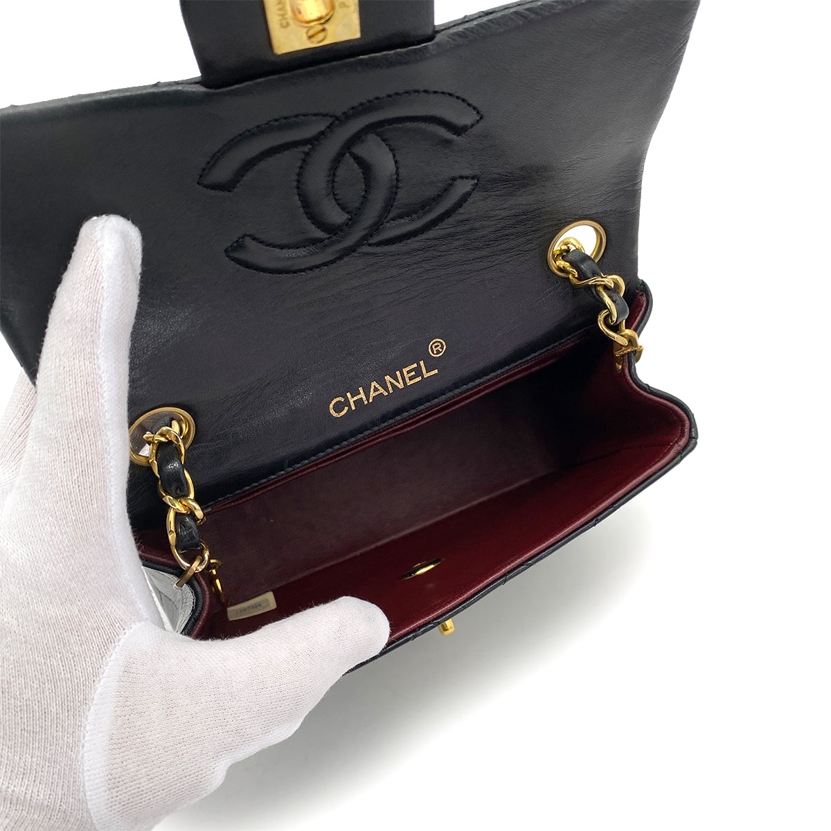 CHANEL VINTAGE MINI SQUARE 17 CHAIN SHOULDER BAG BLACK LAMB SKIN 90258114