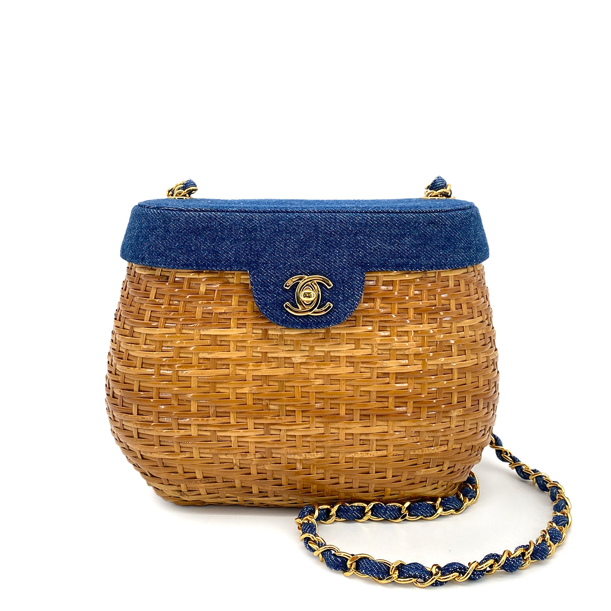 CHANEL VINTAGE CHAIN SHOULDER BAG BLUE BROWN DENIM STRAW 90260167