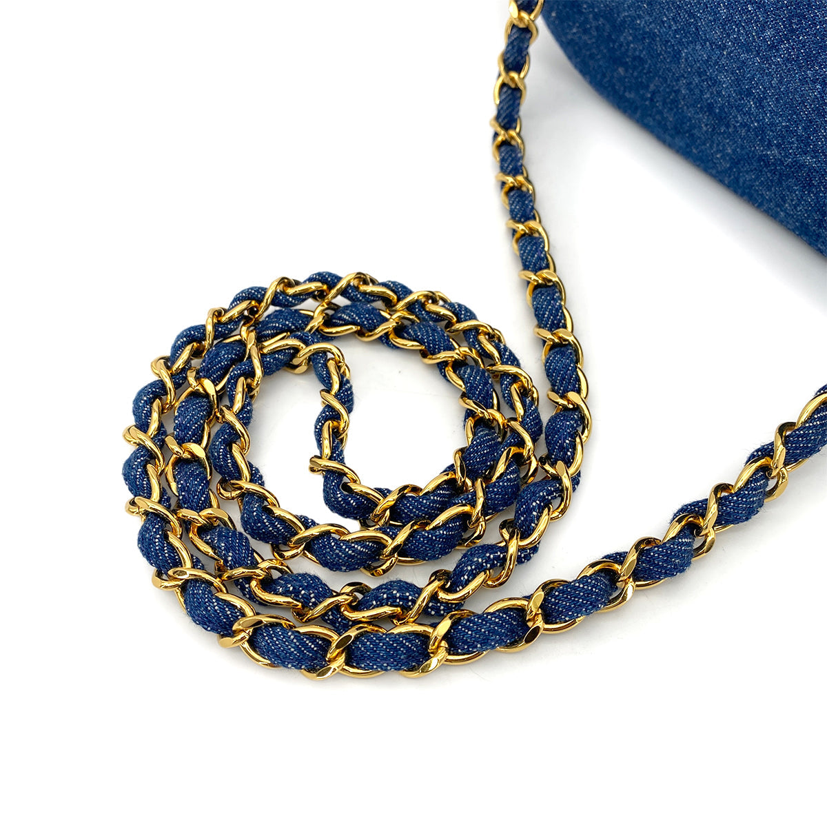 CHANEL VINTAGE CHAIN SHOULDER BAG BLUE BROWN DENIM STRAW 90260167