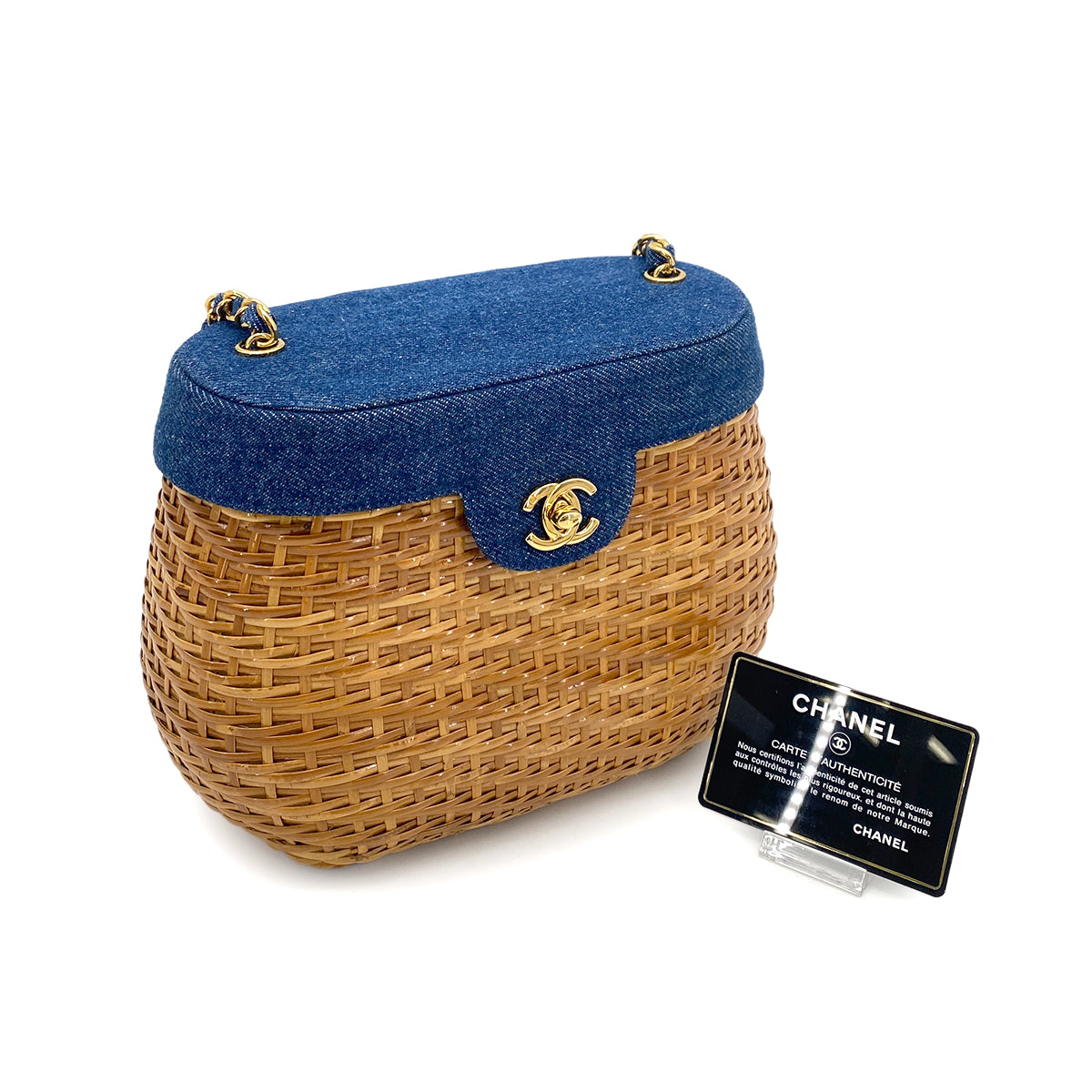 CHANEL VINTAGE CHAIN SHOULDER BAG BLUE BROWN DENIM STRAW 90260167