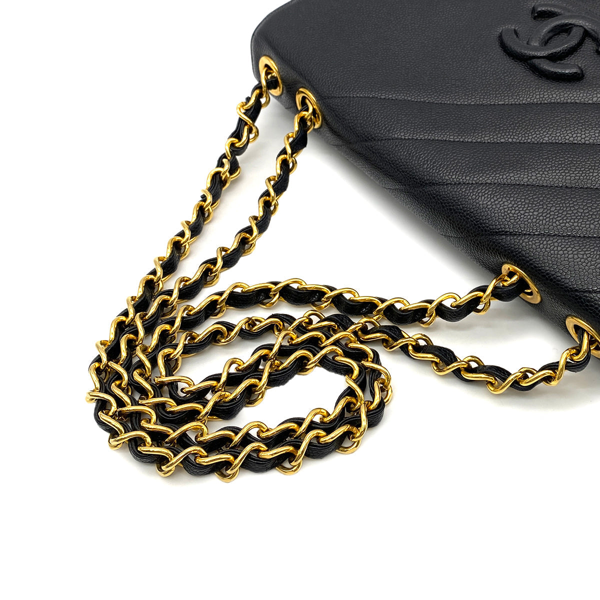 CHANEL VINTAGE BIAS STITCH CHAIN SHOULDER BAG BLACK CAVIAR SKIN 90260184