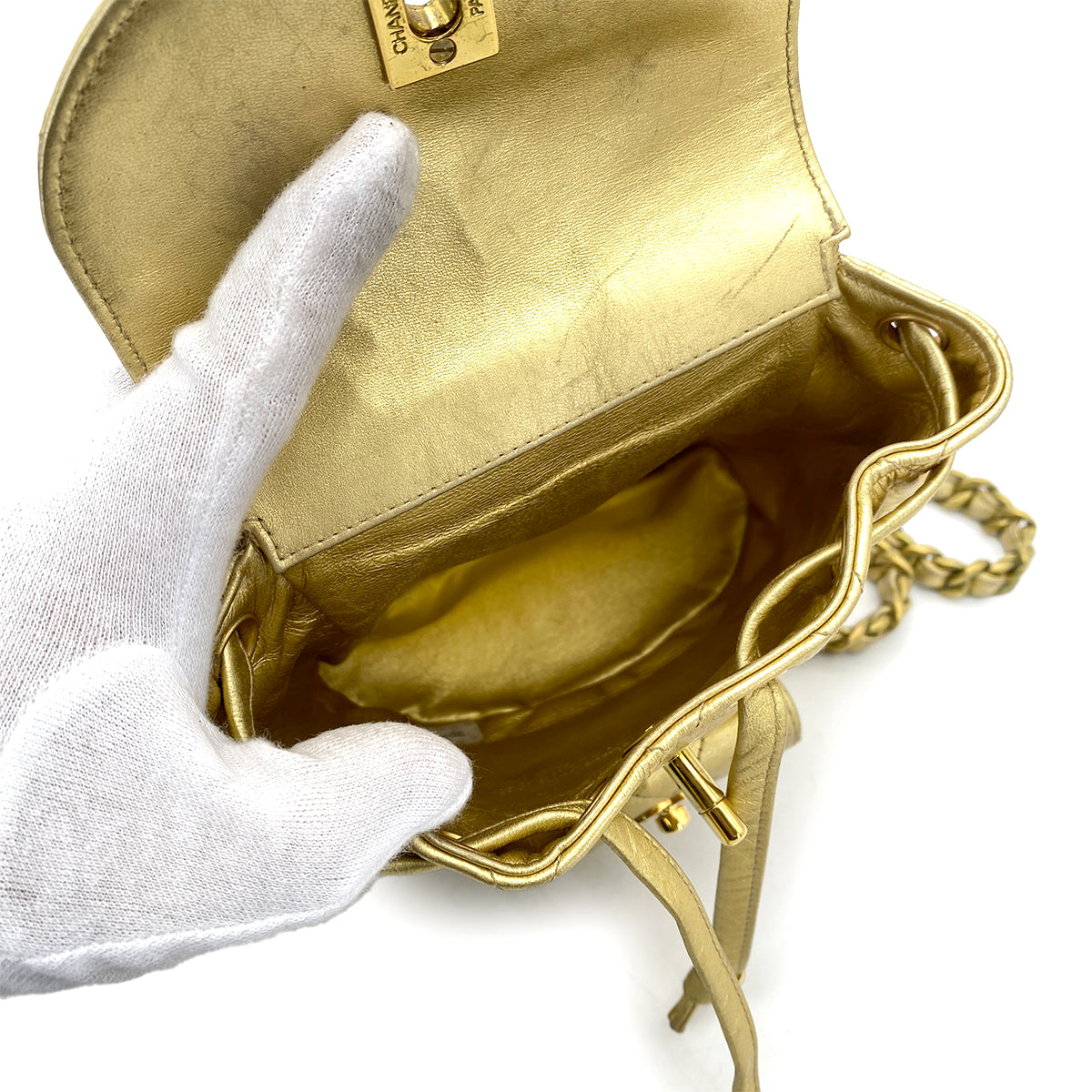 CHANEL VINTAGE DUMA CHAIN BACKPACK METALLIC GOLD LAMB SKIN 90260194