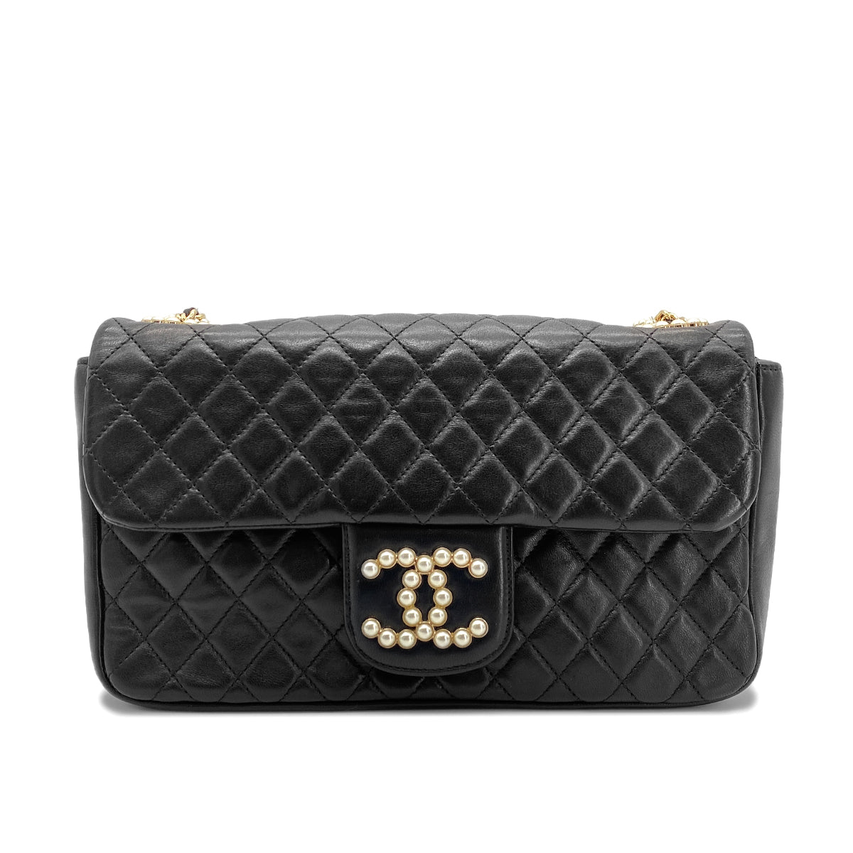 CHANEL VINTAGE WESTMINSTER CHAIN SHOULDER BAG FAKE PEARL BLACK LAMB SKIN 90260476