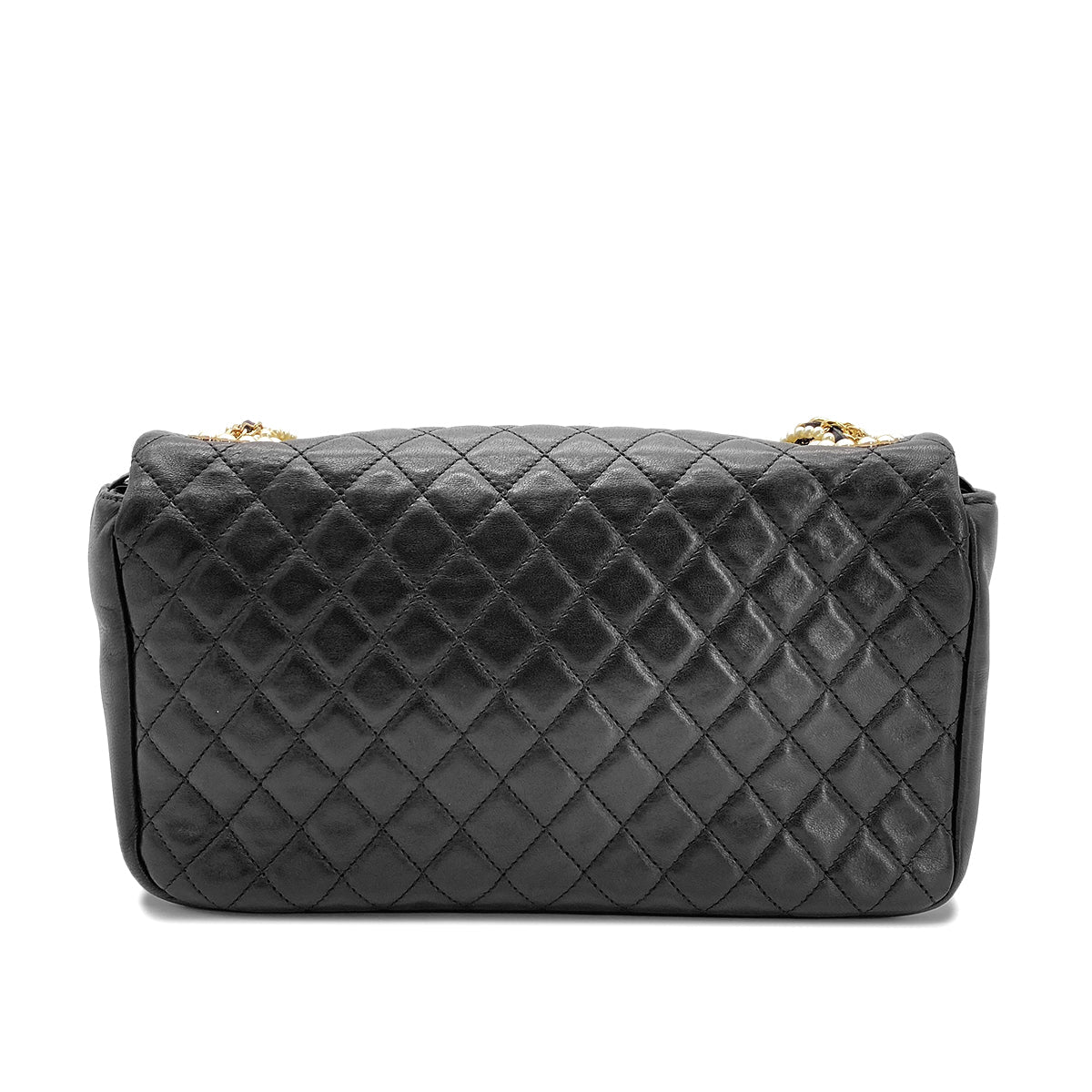 CHANEL VINTAGE WESTMINSTER CHAIN SHOULDER BAG FAKE PEARL BLACK LAMB SKIN 90260476