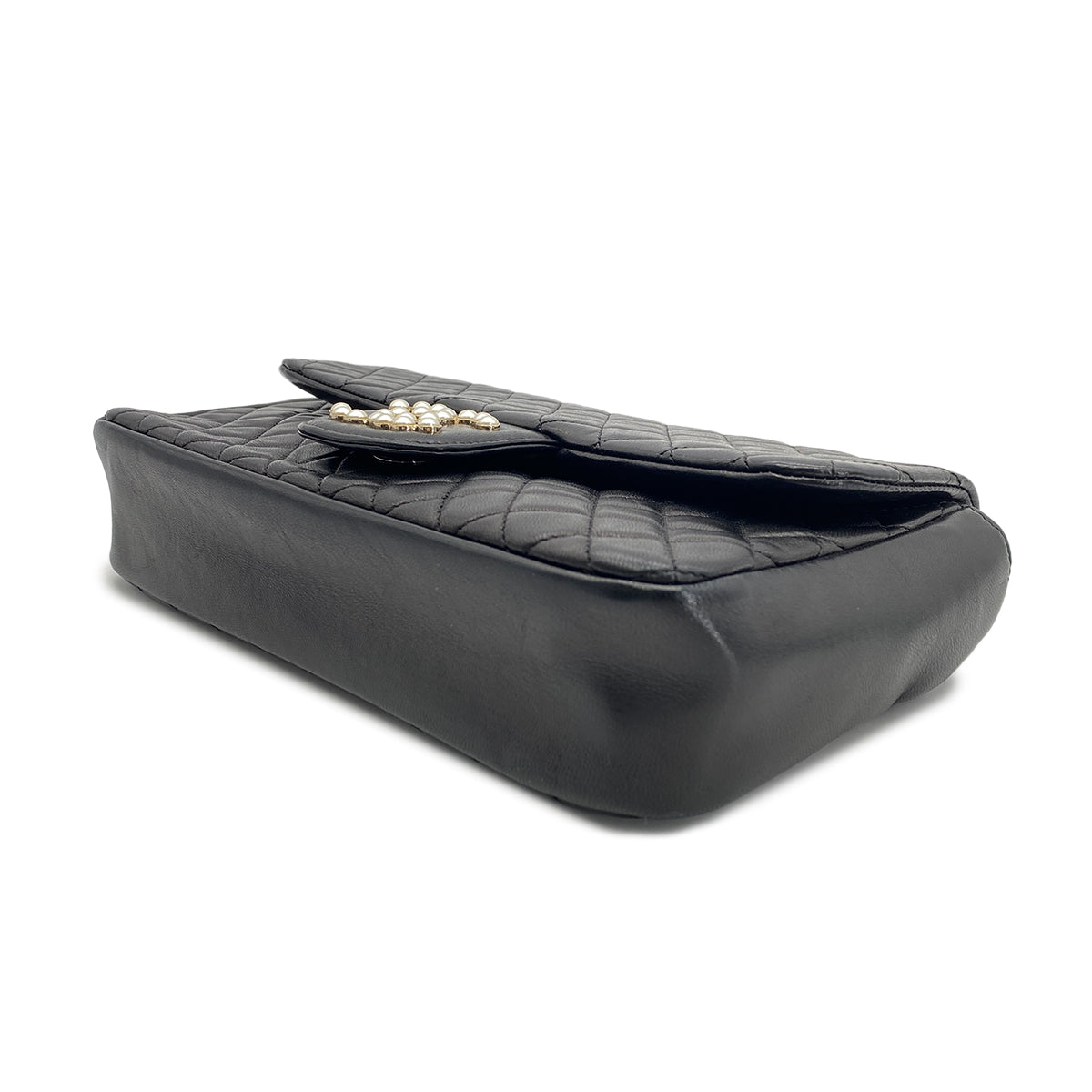 CHANEL VINTAGE WESTMINSTER CHAIN SHOULDER BAG FAKE PEARL BLACK LAMB SKIN 90260476