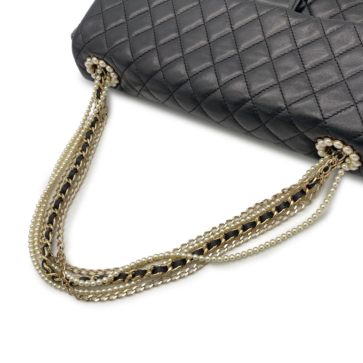 CHANEL VINTAGE WESTMINSTER CHAIN SHOULDER BAG FAKE PEARL BLACK LAMB SKIN 90260476