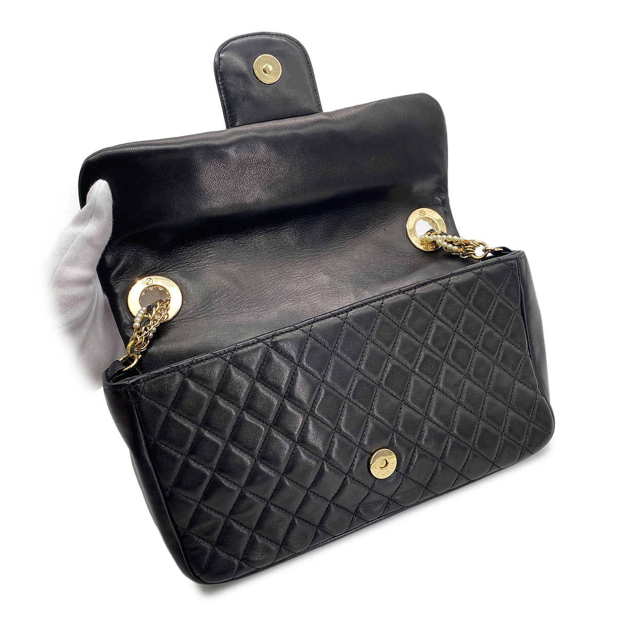 CHANEL VINTAGE WESTMINSTER CHAIN SHOULDER BAG FAKE PEARL BLACK LAMB SKIN 90260476