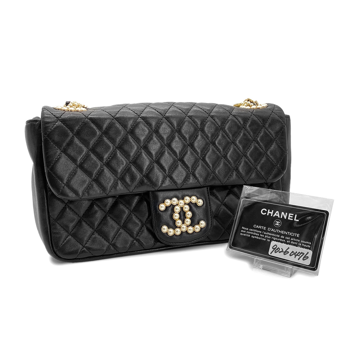 CHANEL VINTAGE WESTMINSTER CHAIN SHOULDER BAG FAKE PEARL BLACK LAMB SKIN 90260476