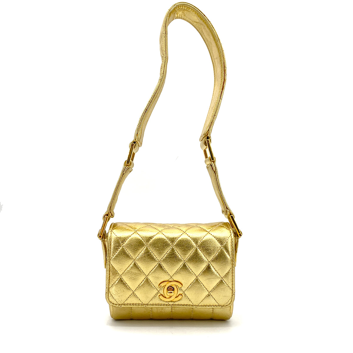 CHANEL VINTAGE MINI MATELASSE CHAIN SHOULDER BAG METALLIC GOLD LAMB SKIN 90261220