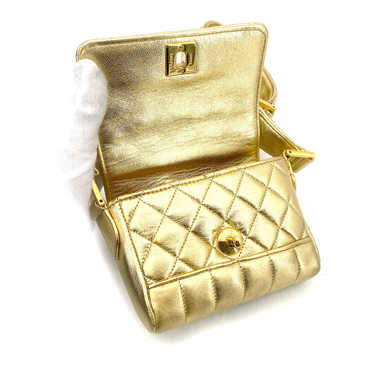 CHANEL VINTAGE MINI MATELASSE CHAIN SHOULDER BAG METALLIC GOLD LAMB SKIN 90261220