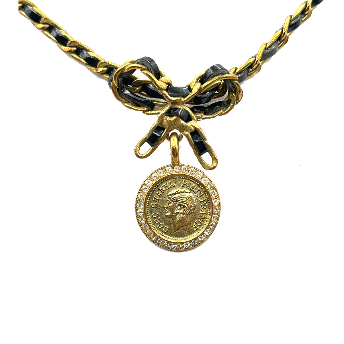 CHANEL VINTAGE CHAIN NECKLACE LEATHER RIBBON RHINESTONE ACCESSORY 95P 90262306