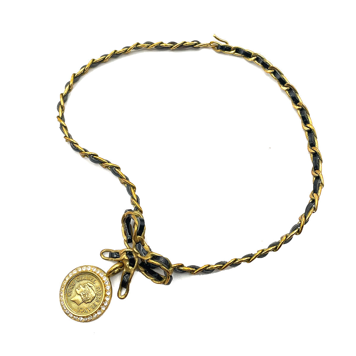 CHANEL VINTAGE CHAIN NECKLACE LEATHER RIBBON RHINESTONE ACCESSORY 95P 90262306