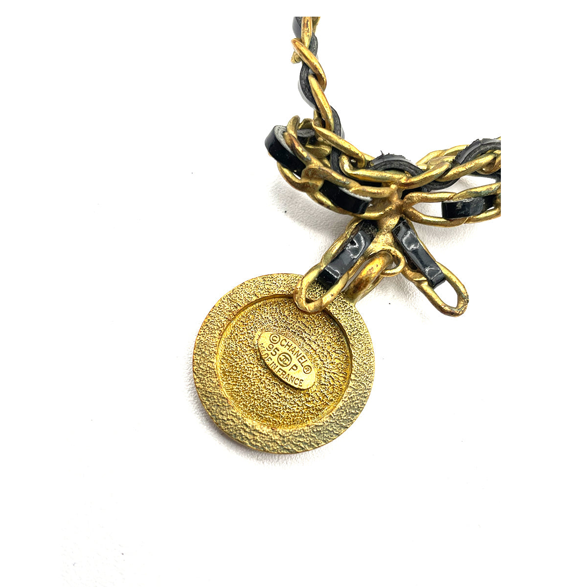 CHANEL VINTAGE CHAIN NECKLACE LEATHER RIBBON RHINESTONE ACCESSORY 95P 90262306